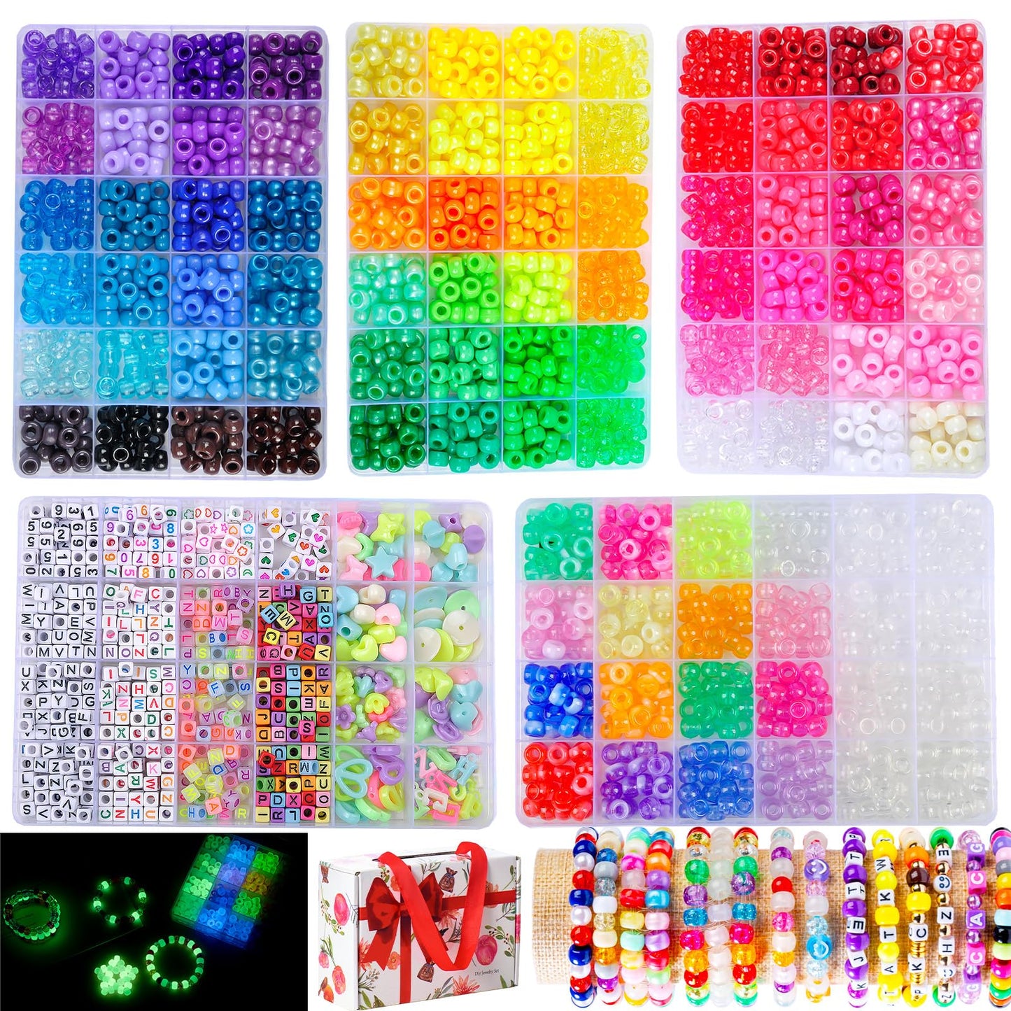 6 Boxes Bracelet Making Kit Pony Beads, 8mm Kandi Rave & Hair Beads Set with UV Color Changing, Glow-in-Dark, Chrome & Alphabet Letters for Friendship Jewelry DIY Crafts