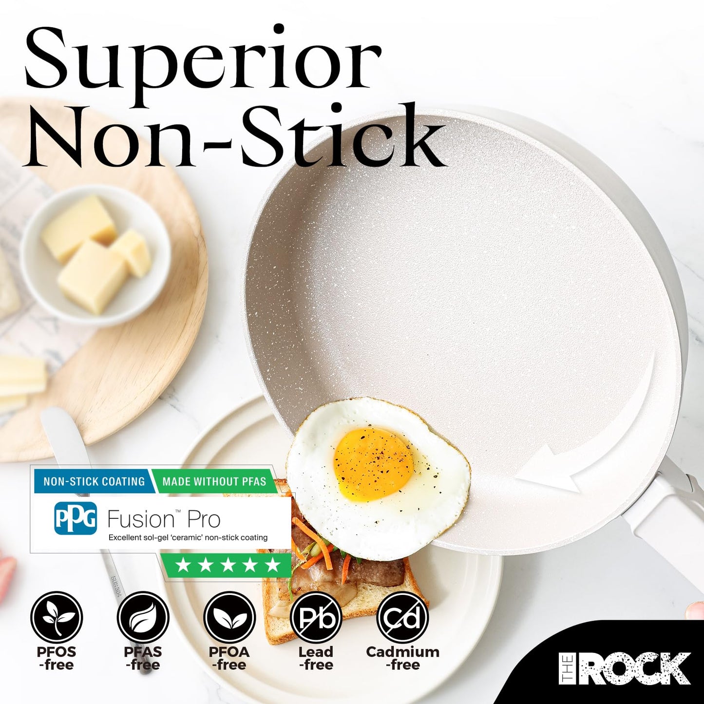 THE ROCK SOHO 9.5-Inch Non Stick Frying Pan with Lid–Nothing Sticks, Never Warps, Lasts Longer, Ceramic Non Toxic Skillet with Heat-Resistant Handle, PTFE PFOA&PFAS Free, Dishwasher Safe, Cream