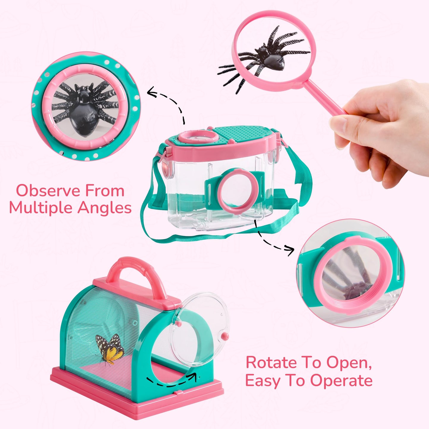 ROBOTIME Kids Explorer Kit & Bug Catcher Kit for Kids, 10PCS Bug Catcher Kit, Bug Catching Kit, Exploration Set Camping Gear for Toddlers, Outdoor Adventure Toys Gift for Girls 3-12 (Pink)