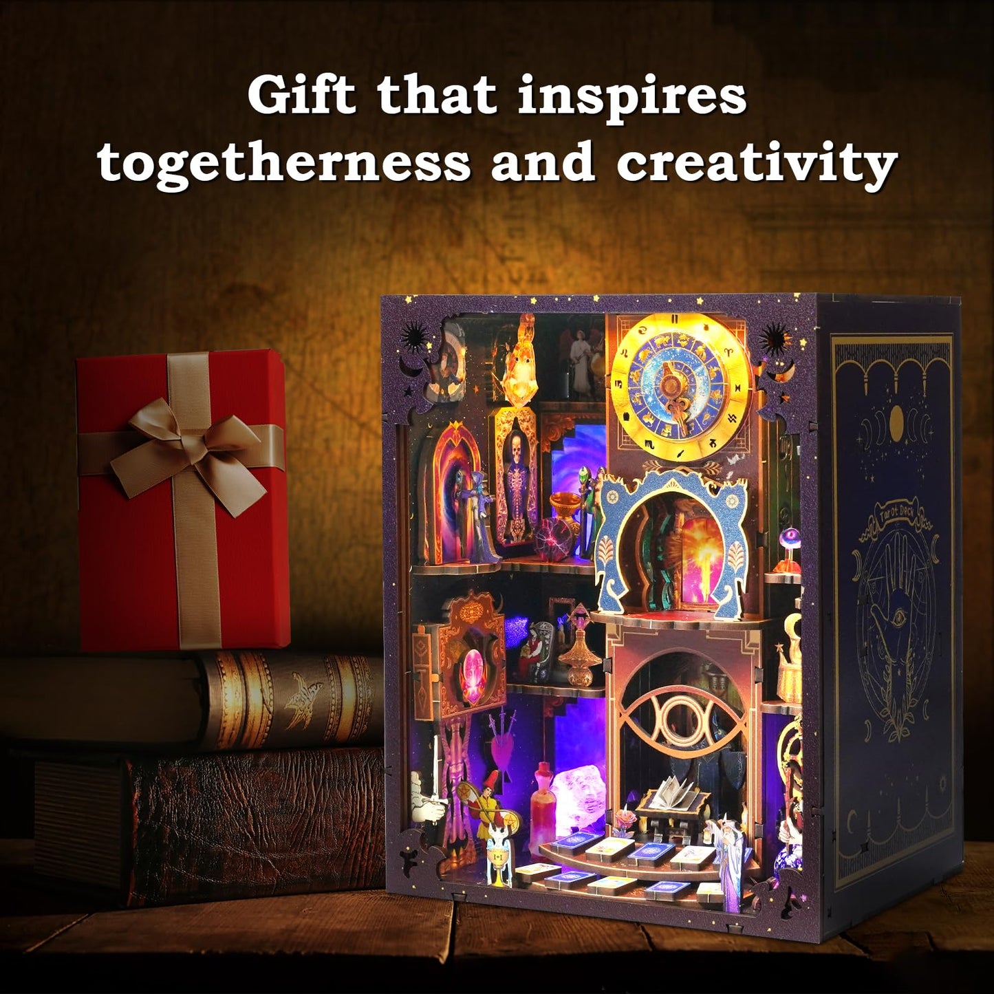 Book Nook Kit - DIY Miniature Dollhouse with LED Lights for Adults & Teens, Fantasy Tarot-Themed 3D Wooden Bookshelf Decor, for Craft Lovers