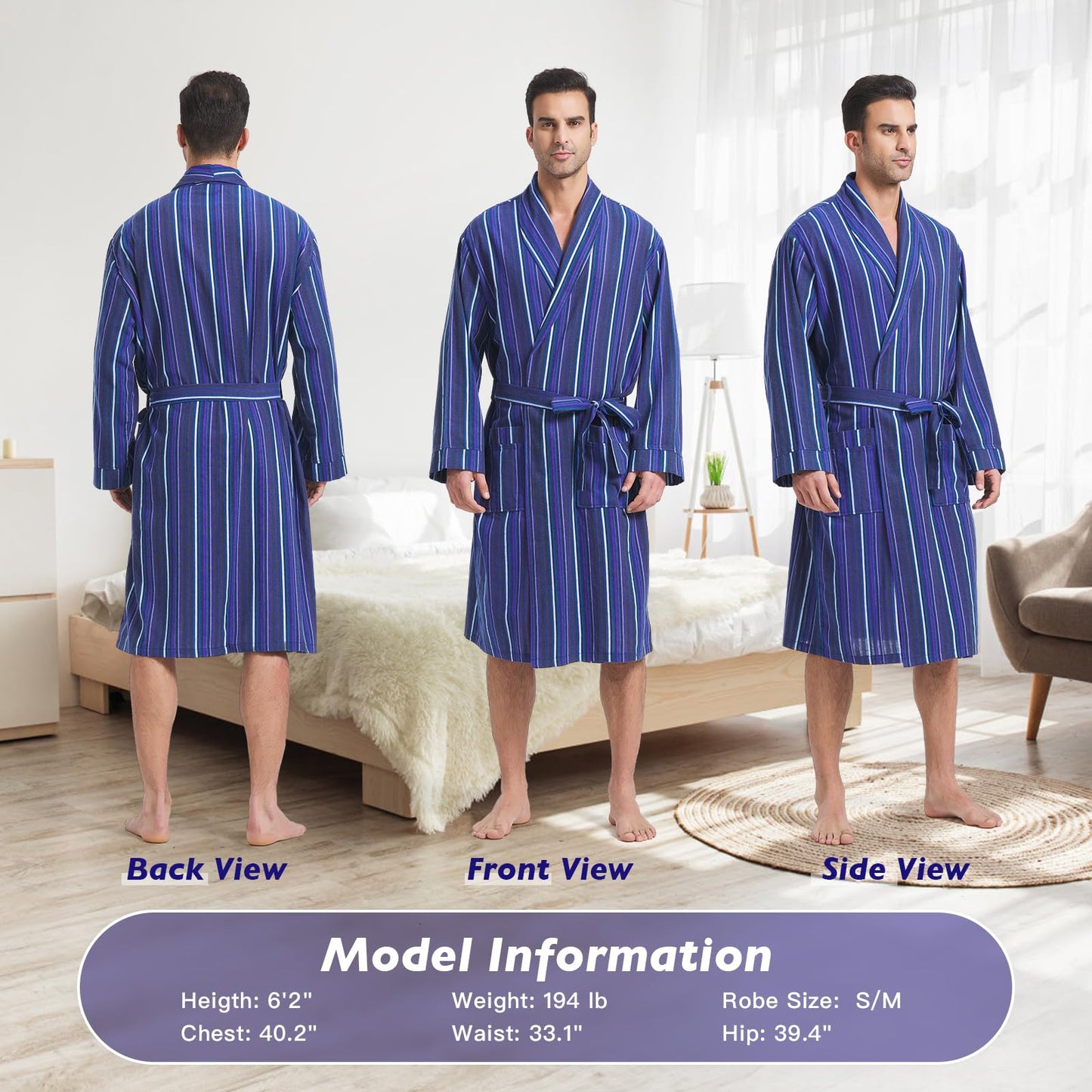 FashGudim Mens Buffalo Plaid Cotton Robe Lightweight Bathrobe Shawl Collar Kimono Sleepwear Loungewear House Robes, Blue Stripe, Large-X-Large