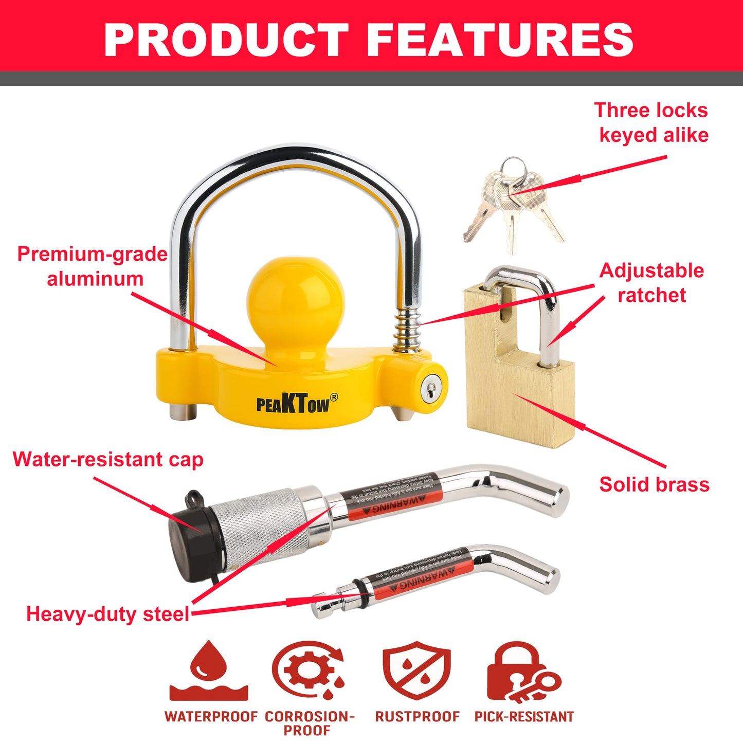 PEAKTOW PTS0003 Deluxe Keyed Alike Trailer Towing Lock Set Includes One Coupler Lock One Dual Bent Pins Trailer Receiver Lock and One Brass Coupler Latch Lock