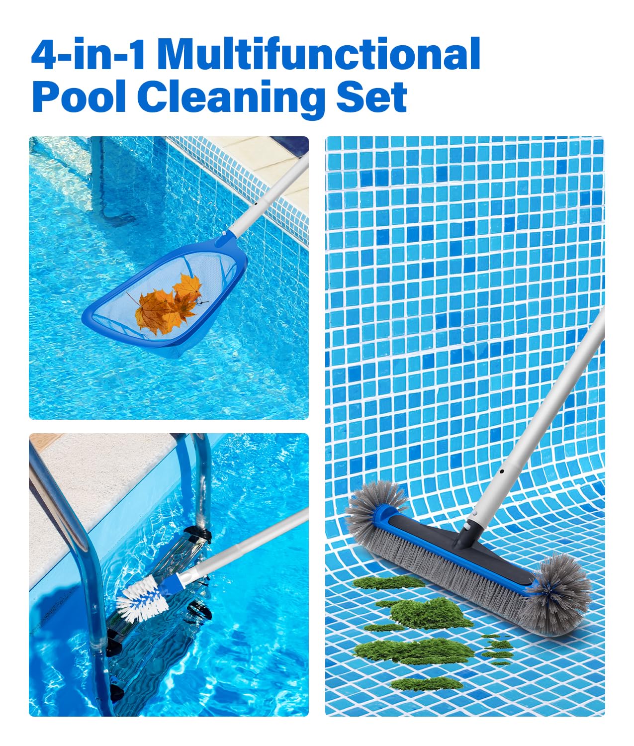 4-in-1 Deluxe Pool Cleaning kit, Pool Cleaning Tools -13.4'' Fine Mesh Skimmer Net with 10Ft Adjustable Pole, 17.3'' Swimming Pool Brush & Extra Brush Head for Cleaning Inground & Above Ground Pools