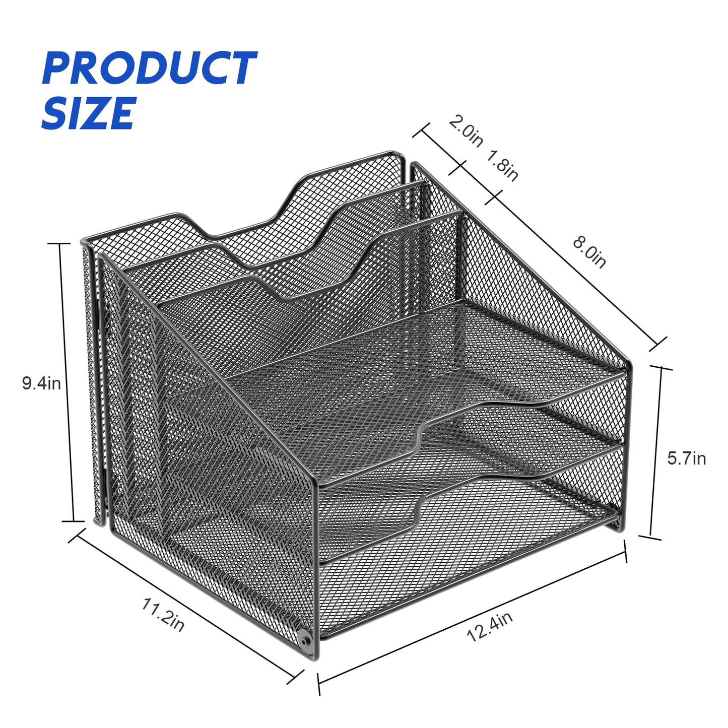 Samstar Mesh Desk File Organizer Letter Tray Holder, Desktop File Folder Holder with 3 Paper Trays and 2 Vertical Upright Section, Black.