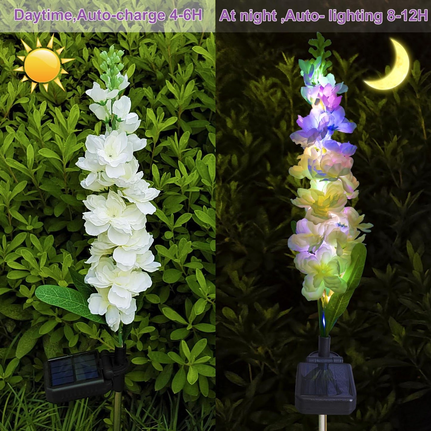 MRHEPHAESTUS Solar Garden Lights, Solar Delphinium Flowers Lights 4 Pack 80 LEDs, Waterproof Solar Outdoor Lights Two Lighting Modes for Wedding Party Garden Yard Patio Lawn Decor and Gift for Mother