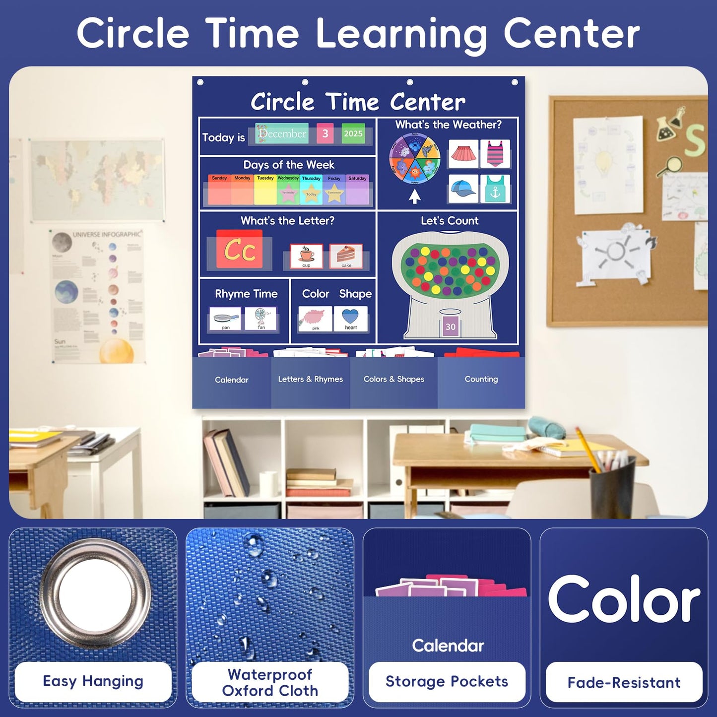 Ottkids Circle Time Learning Center Classroom Pocket Chart, Circle Time Calendar Preschool Include 224 Cards, Educational Pocket Chart Material, Learning Calendar Weather Letter Counting Color Shape