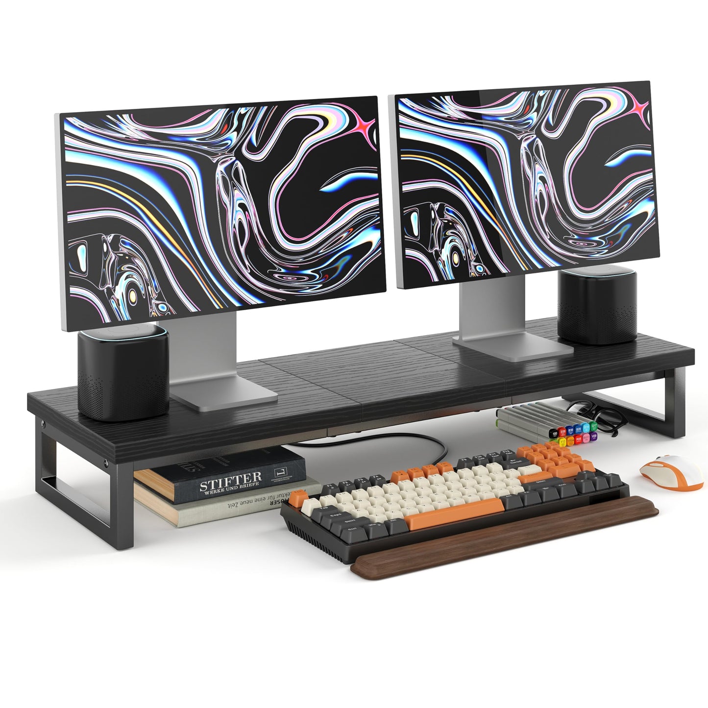 CAIYUN Monitor Stand, Monitor Riser, 39 inch Desk Shelf, Computer Stand Desk Accessories and Organizers, Black Dual Monitor Support