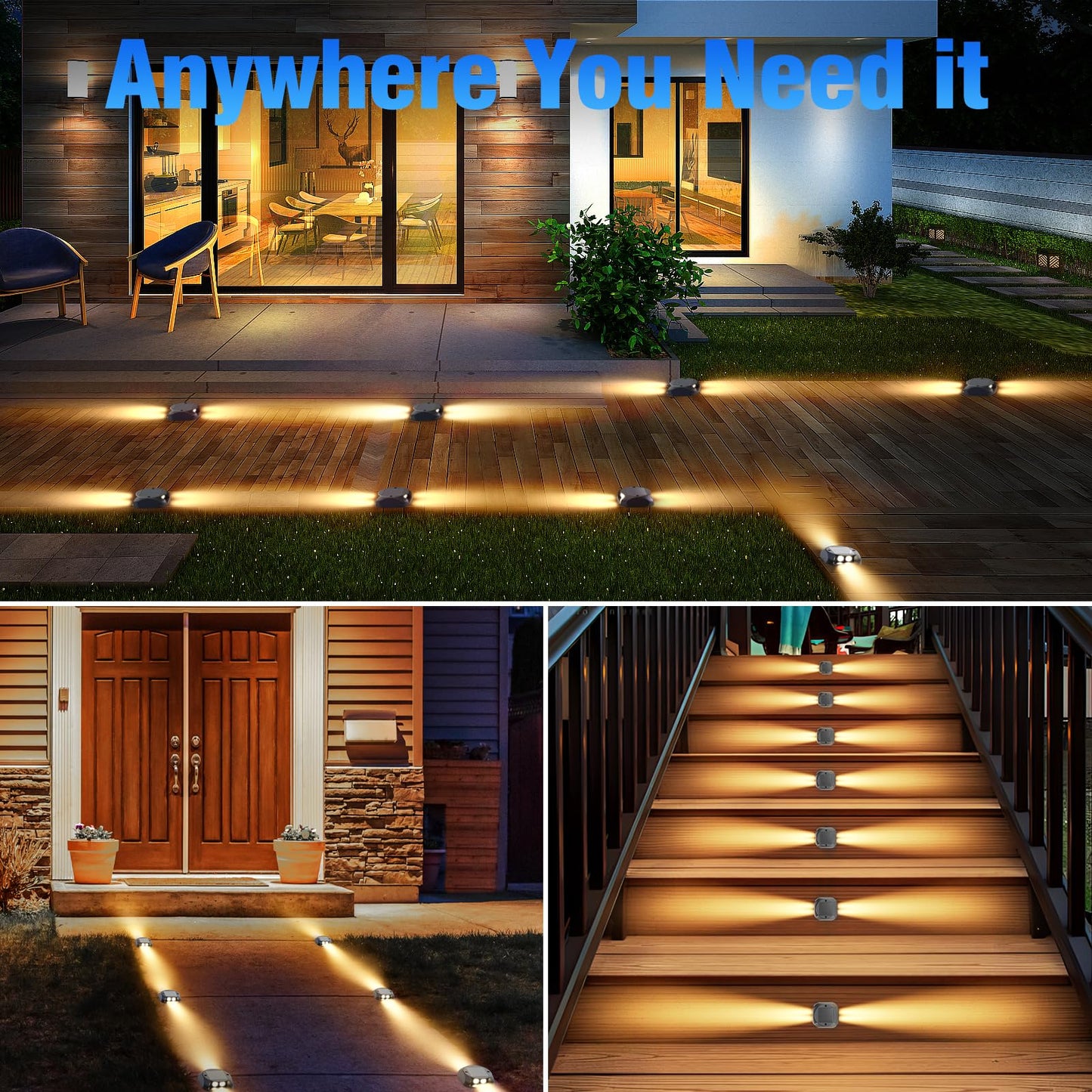 Quntis 10PCS Solar Lights Outdoor, Two-Way Dusk to Dawn Solar Deck Lights Outdoor, IP65 Waterproof Solar Dock Lights, 500M High Visibility Pathway Light for Step Driveway Garden Walkway,Warm White