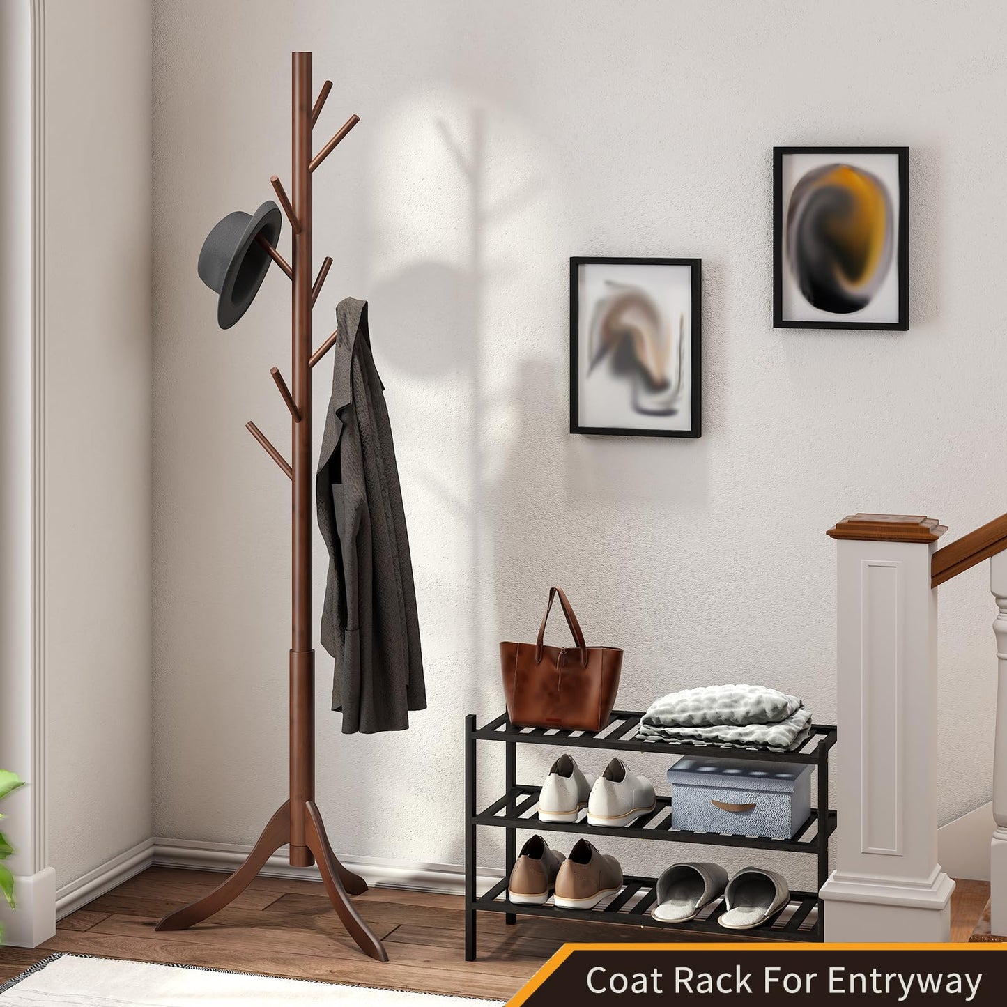 Furshus Coat Rack Freestanding, Coat Stands Entryway, Bamboo Coat Rack Hat Hanger 8 Hook for Jacket, Purse, Scarf Rack, Umbrella Tree Stand (Brown)