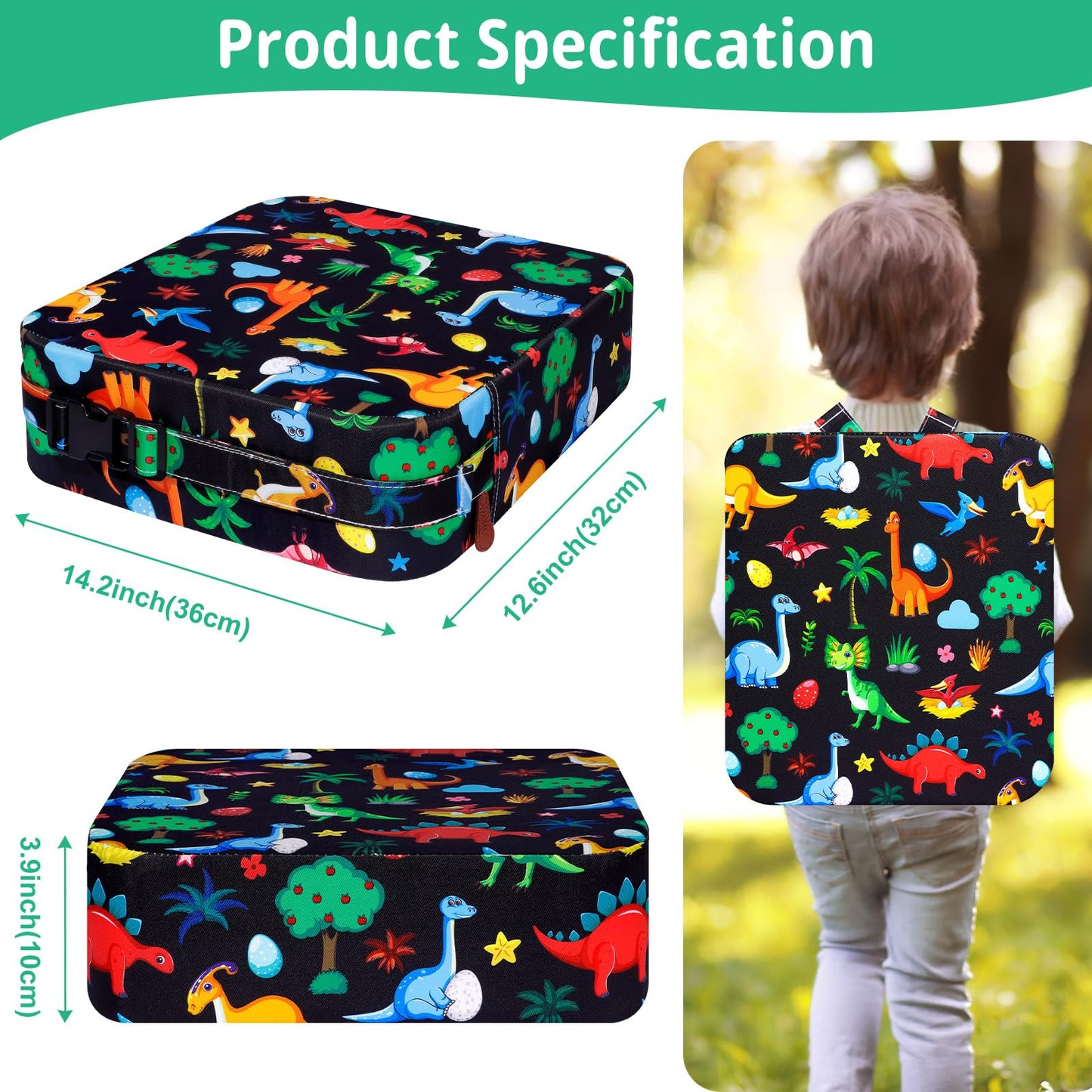 TOTIDYH Toddler Booster Seat for Kitchen Chair, Non-slip Kids Dining Table Booster Seat with Adjustable Safer Straps, Portable Baby Eating Travel Camping Increasing Cushion, Black Dinosaur