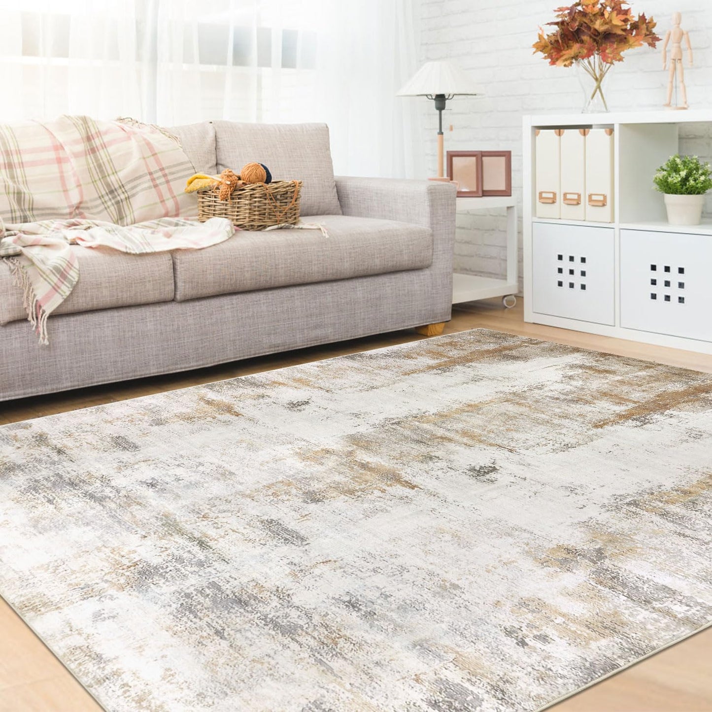 Famibay 5x8 Area Rug Washable Neutral Rugs for Living Room Thin Low Pile Bedroom Carpet Modern Abstract Carpet Rugs for Living Room Bedroom Entrance(Beige/Camel)
