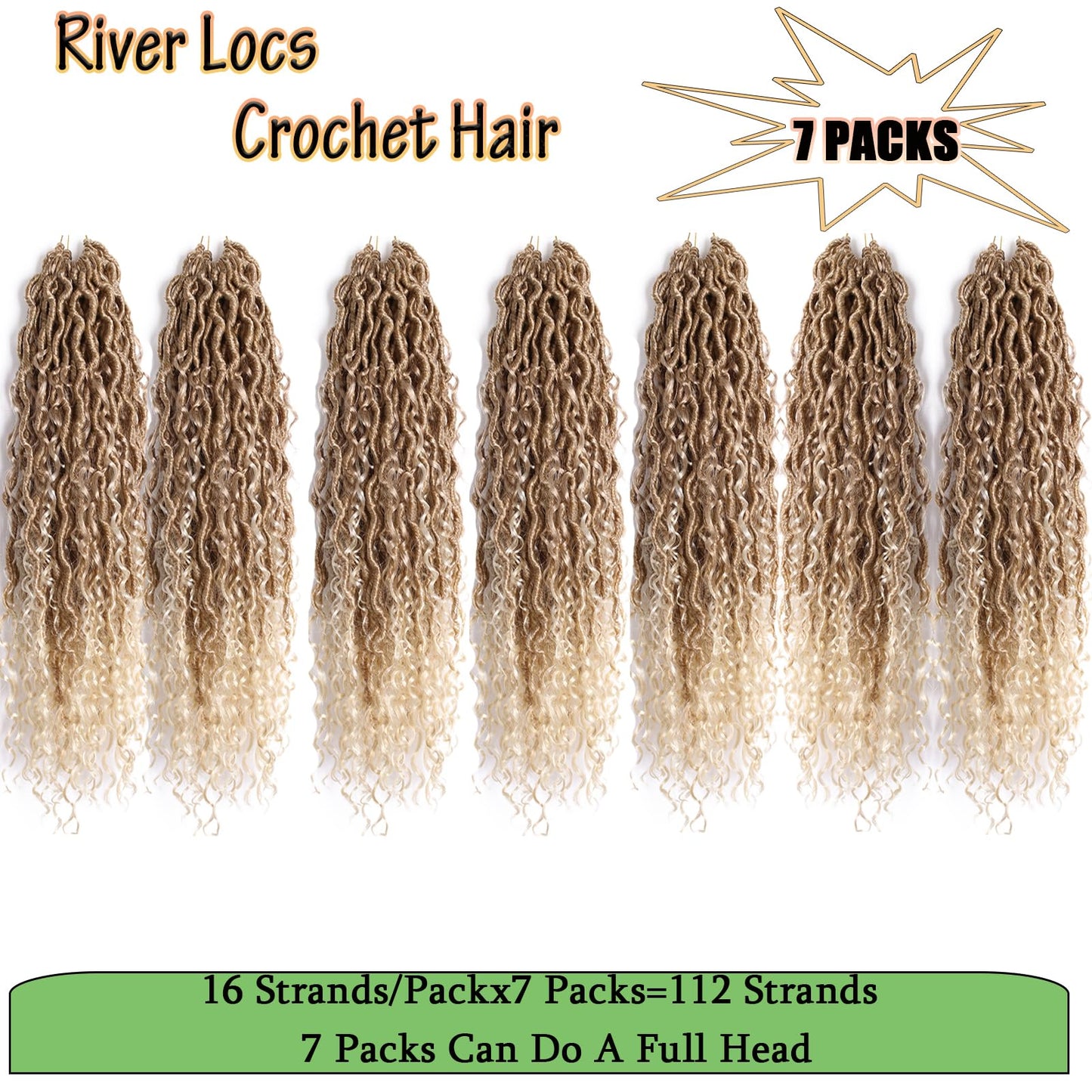 EFFGOCO Goddess Faux Locs Crochet Hair 18 Inch Ombre Blonde 7 Packs Crochet Boho Box Braids with Curls 16 Strands/Pack Prelooped Soft Locs Crochet Braids Hair Extensions (18Inch, T27/613)