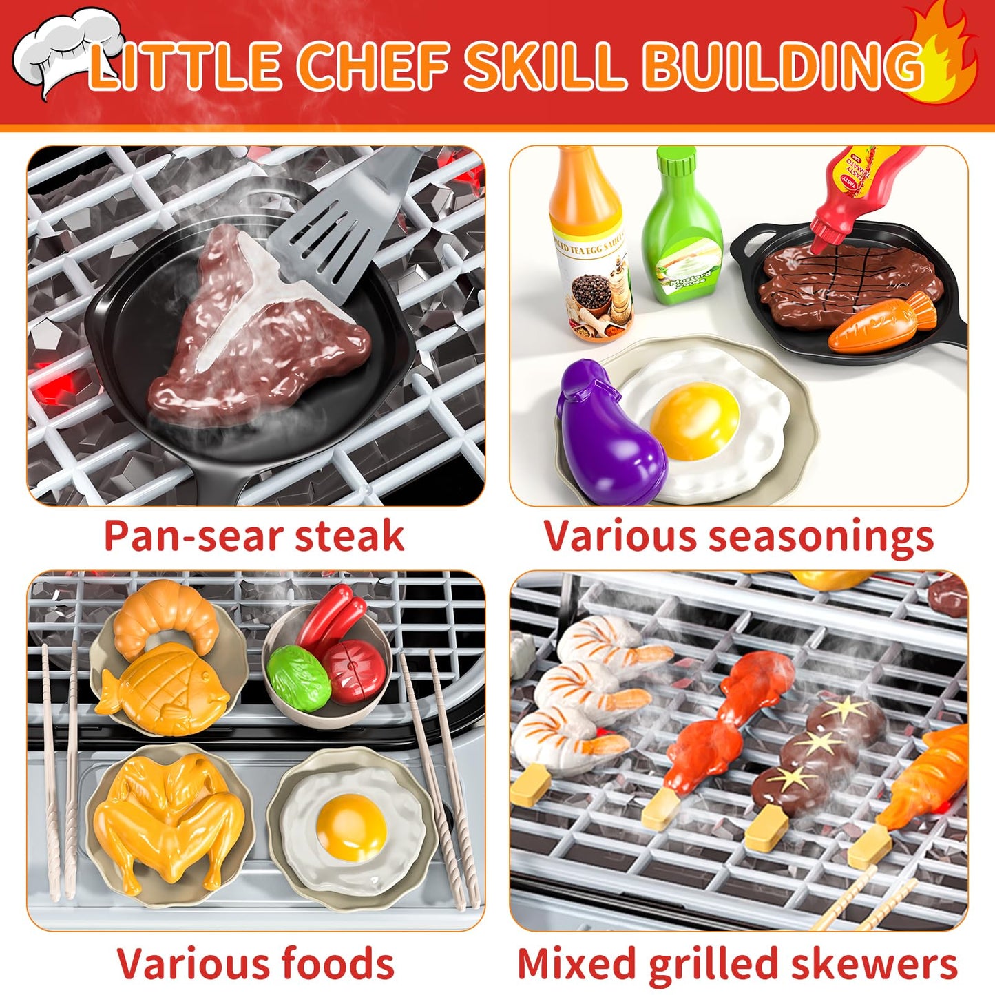Blmukce Kids Grill Playset, 2-Layer BBQ Play Kitchen Set for Toddlers 3-5 with Smoke, Sound & Light Interactive Outdoor Kitchen Cooking Toy Grill Christmas Birthday Gift for 4 5 6 Years Old Boys Girls