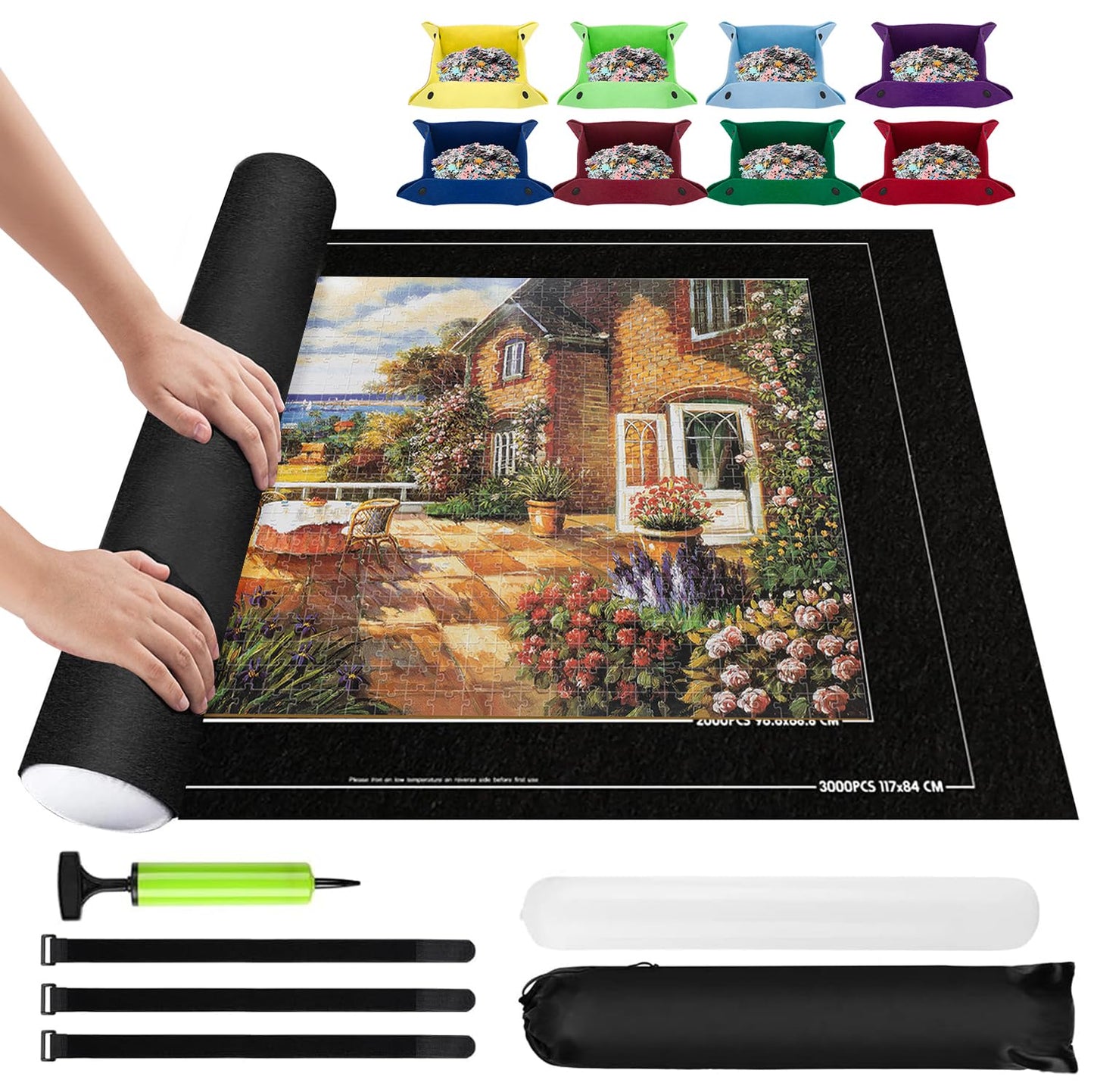 Jigsaw Puzzle Mat Roll Up 3000 Pieces Puzzles Felt Save Mats Puzzle Storage Puzzle Saver Puzzle Keeper with Sorter Trays Drawstring Storage Bag
