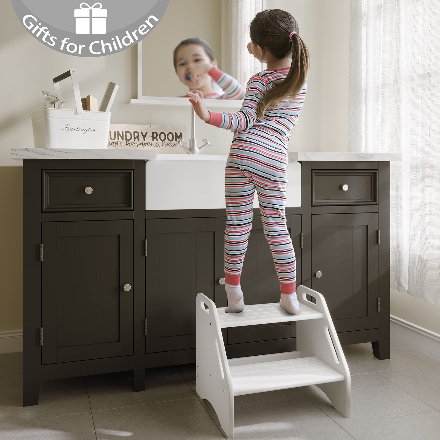 AMBIRD Wooden Step Stool Two Step Stool with Non Slip Safety Pads and Handles, Bamboo Step Stool for Bathroom Bedroom Kitchen Double Step Stool