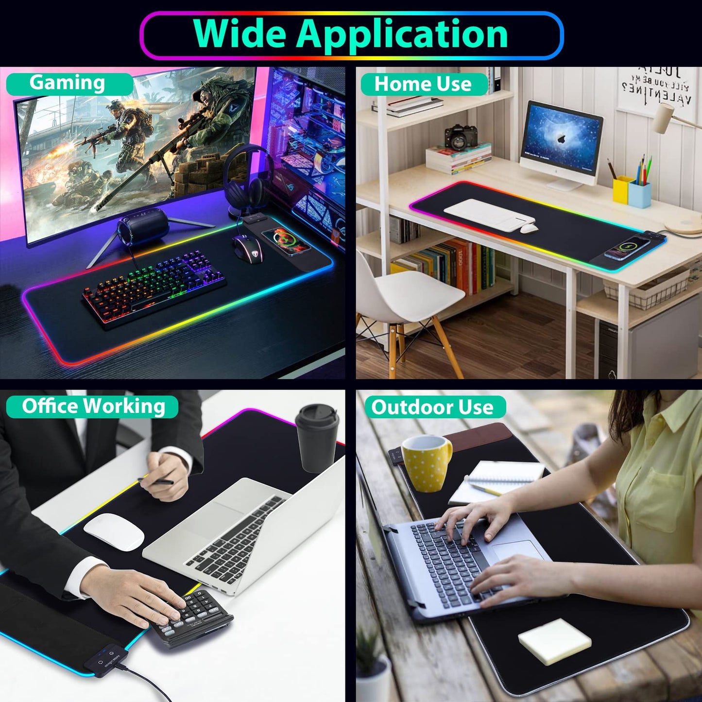Wireless Future Charger Gaming Mouse Pad, 10W Wireless Charging, RGB with 9 LED Light Modes, 31.5"x11.8" Large Desk Mat, Non-Slip Rubber Base, Waterproof, Black