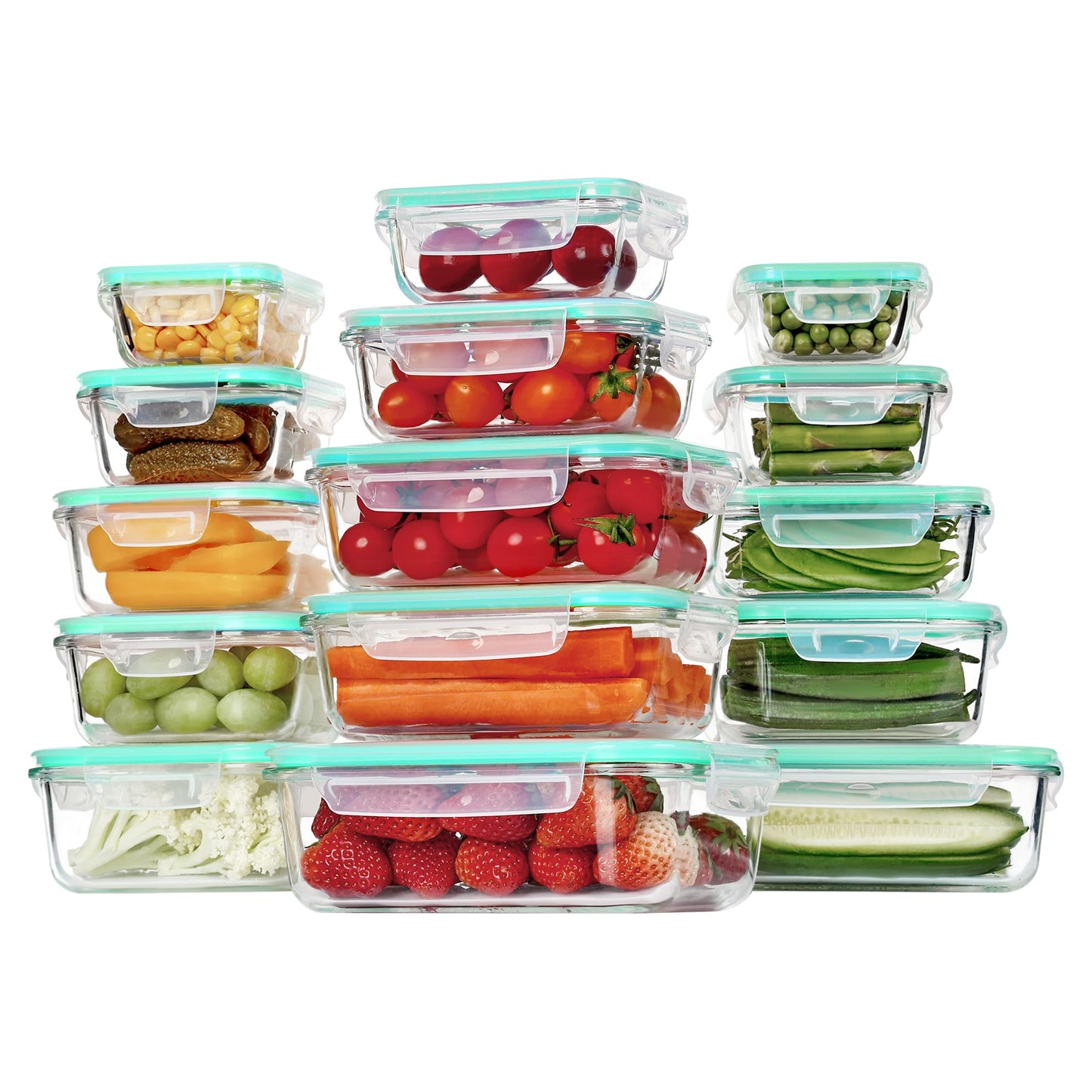 Vtopmart 15 Pack Glass Food Storage Containers, Meal Prep Containers with Lids, Airtight Glass Bento Boxes with Leak Proof Locking Lids, for Microwave, Oven, Freezer and Dishwasher, Green