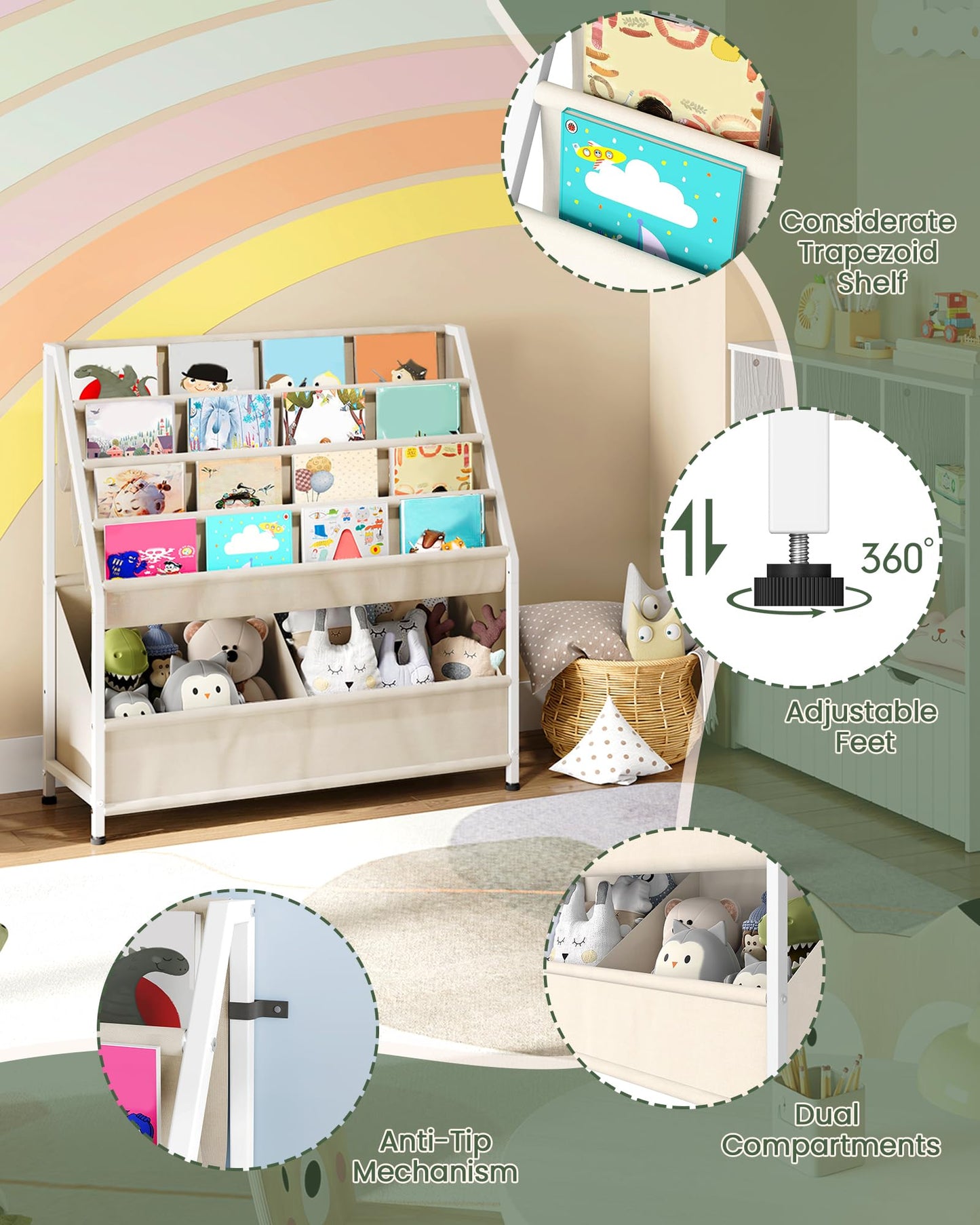 CHOEZON Kids Bookshelf with 4-Tier Oxford Slings, Kids Book Rack with Toy Storage, Magazine Book Rack, Large Capacity Book Organizer for 3-8 Years Olds, for Kids Room, Nursery, Playroom, Beige TCW09WM
