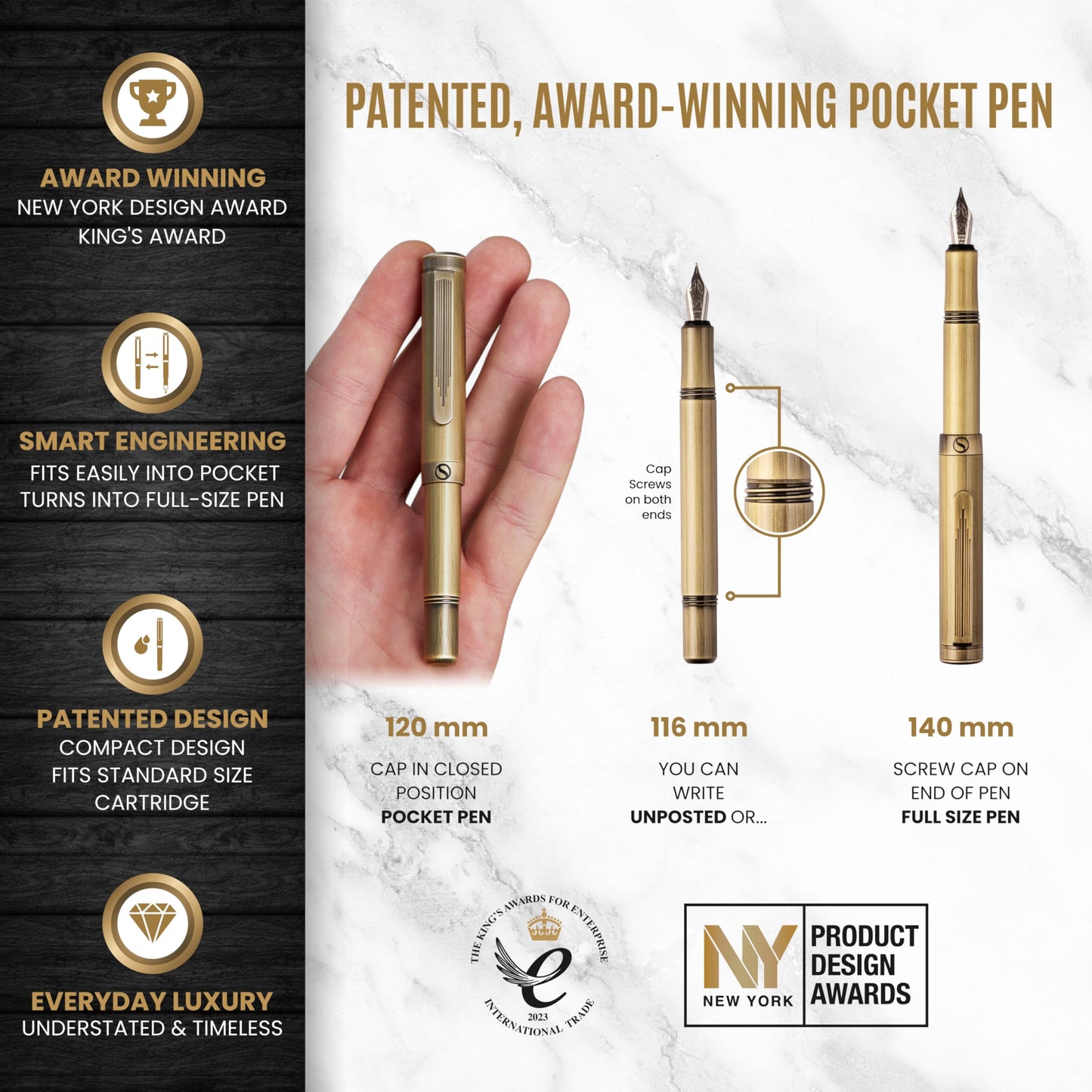 Scriveiner Luxury EDC Fountain Pen (Medium), Stunning Heavy Brass Pocket Pen, Hand Brushed Finish, Schmidt German Nib Converter, Best Writing Pen Gift Set for Men Women, Nice Fancy Designer Pen