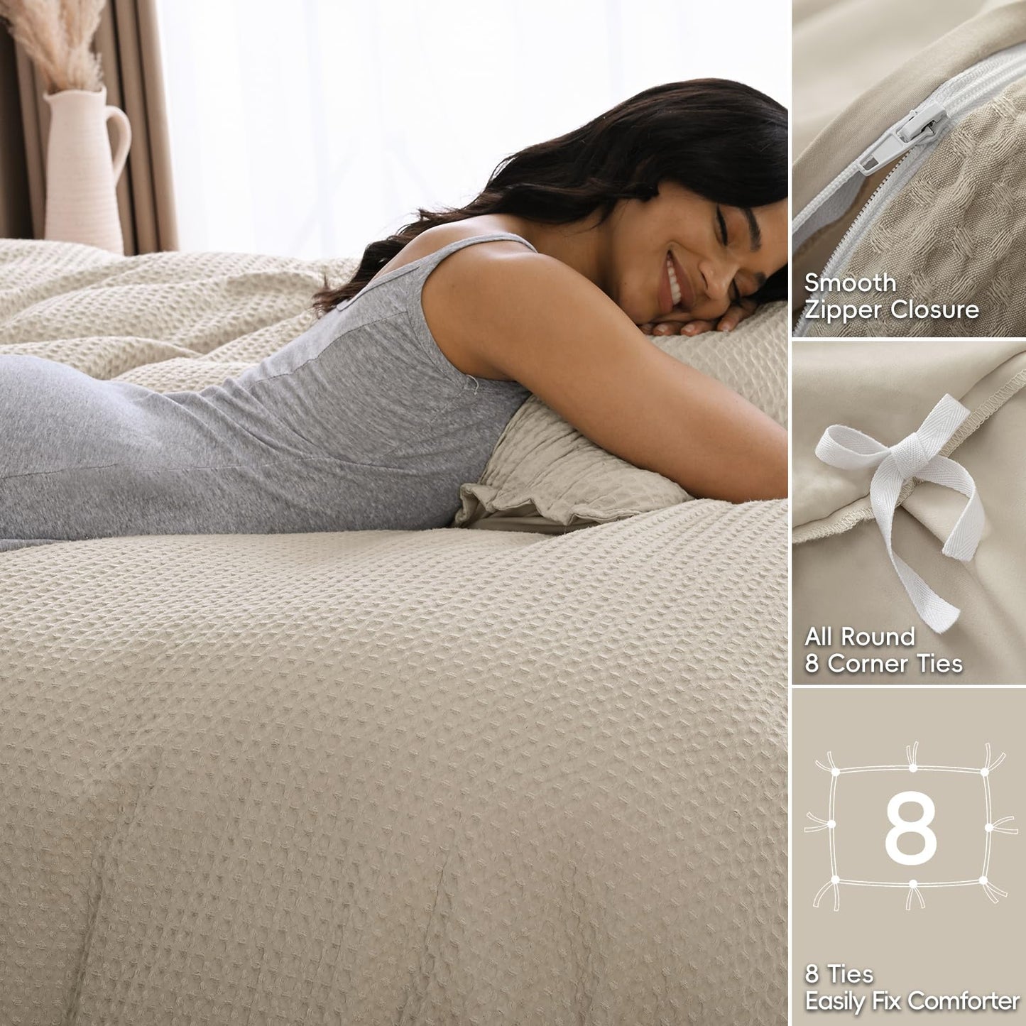 David's Home Waffle Weave Duvet Cover Set Queen Size,Soft Breathable 3pcs Comforter Cover Set with 2 Pillowcases,Textured Home Decor Bedding Set Cozy for All Seasons, Nature 90"×90",No Comforter