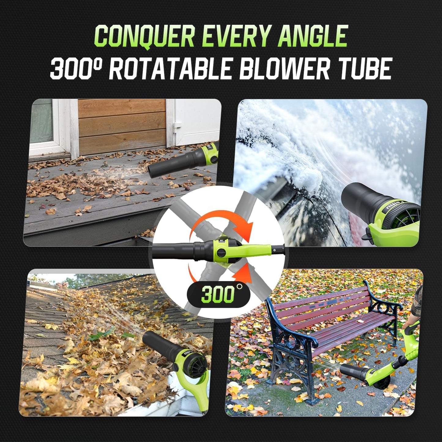 PEAKVONDER Cordless Leaf Blower, 260,000 RPM Turbo Jet (580 CFM/180 MPH)，2 * 4.0/3.0Ah Batteries & Fast Charger, with Gutter Cleaning Extension Attachment Kit for Lawn Care