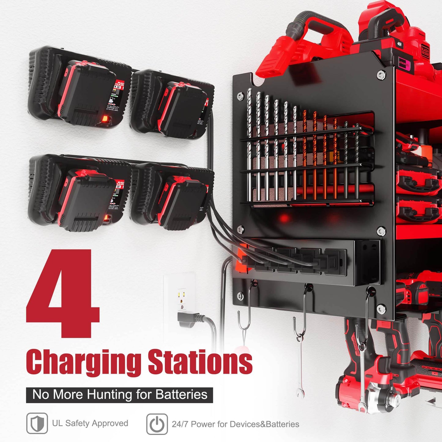 Spampur Power Tool Organizer Wall Mount with Charging Station – 420 lb Capacity 3-Tier Holds 6 Drills, Side Slots for Screwdrivers & Bits, for Garage Workshop, Gift for Men