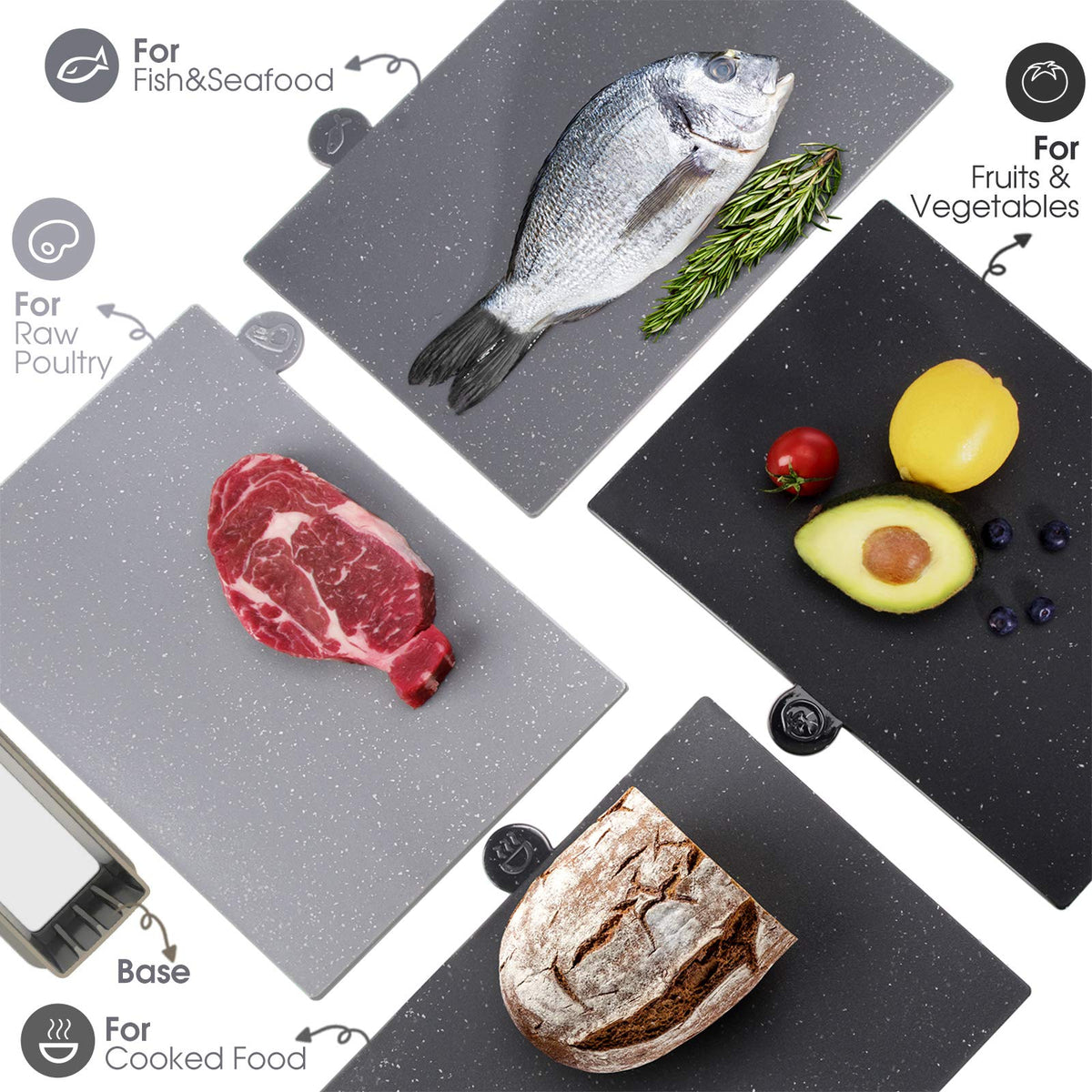 Almcmy Index Chopping Board Set, 4-Pieces Plastic Cutting Boards with Food Icons and Storage Stand, BPA Free, Dishwasher Safe, Professional Chopping Board Set for Kitchen
