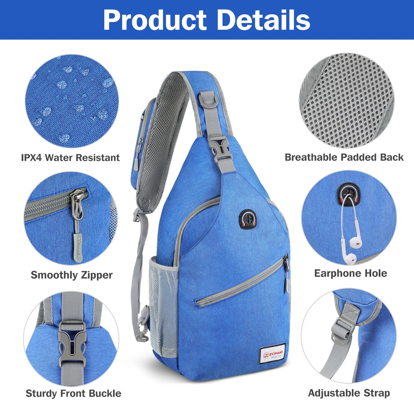 ZOMAKE Sling Bag for Women Men,Cross Body Bag Shoulder Hiking Sling Backpack,Anti Thief Daypack Sac Bandoulière(Blue)