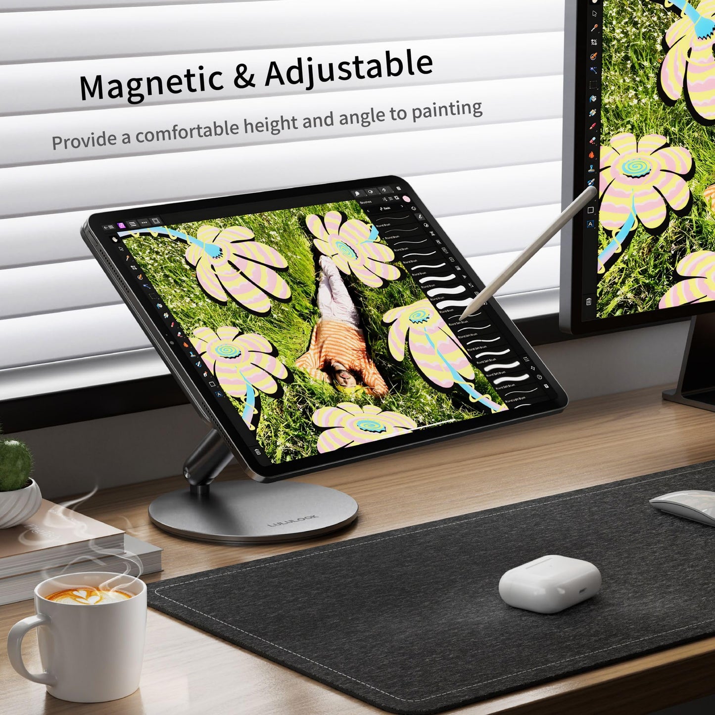 [Upgeade] LULULOOK Wireless Charging Magnetic Stand for iPad Pro 6th/5th/4th/3rd/ iPad Air 11 inch M3/M2, 360°Adjustable Foldable Aluminium Tablet Stand for Home, Kitchen, Office