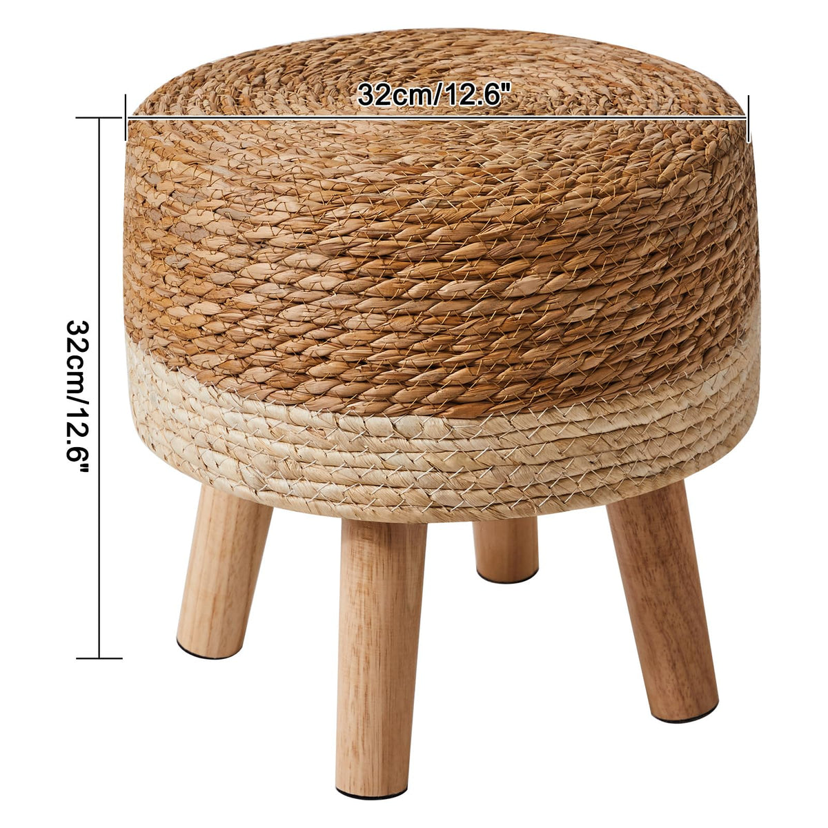 YMYNY Foot Stool Natural Seagrass Hand Weave, 12.6" Small Ottoman, Round Footrest for Living Room, Bedroom, Entryway, Change Shoes Stool, Non-Skid Wood Legs, Boho, Natural+White, UHBD027W