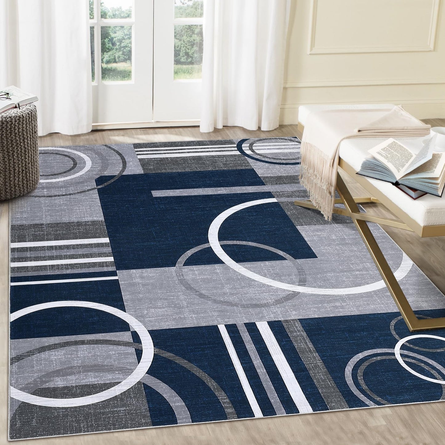 RUGSREAL Washable Rug 5x7 Abstract Circles Area Rug Non Slip Floor Carpet Contemporary Soft Rug Low Pile Accent Rug for Indoor Living Dining Room, Navy