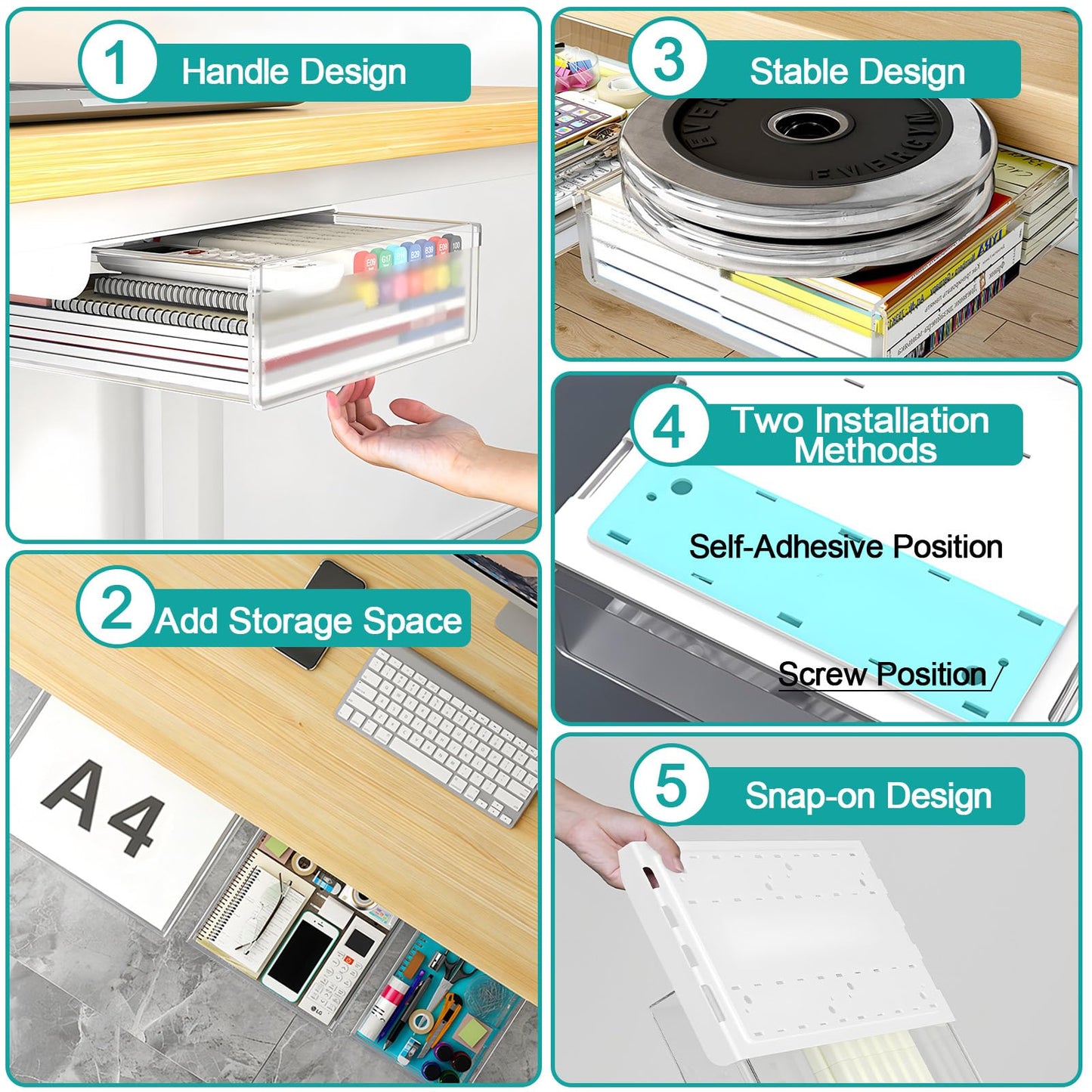 SVNNELP Under Desk Table Drawer Storage Organizer,3 Pack Large & Medium & Small Slide Out Desk Drawers - Hidden Desktop Organizer,Attachable Pencil Storage Tray Under Table(Clear White),S+M+L