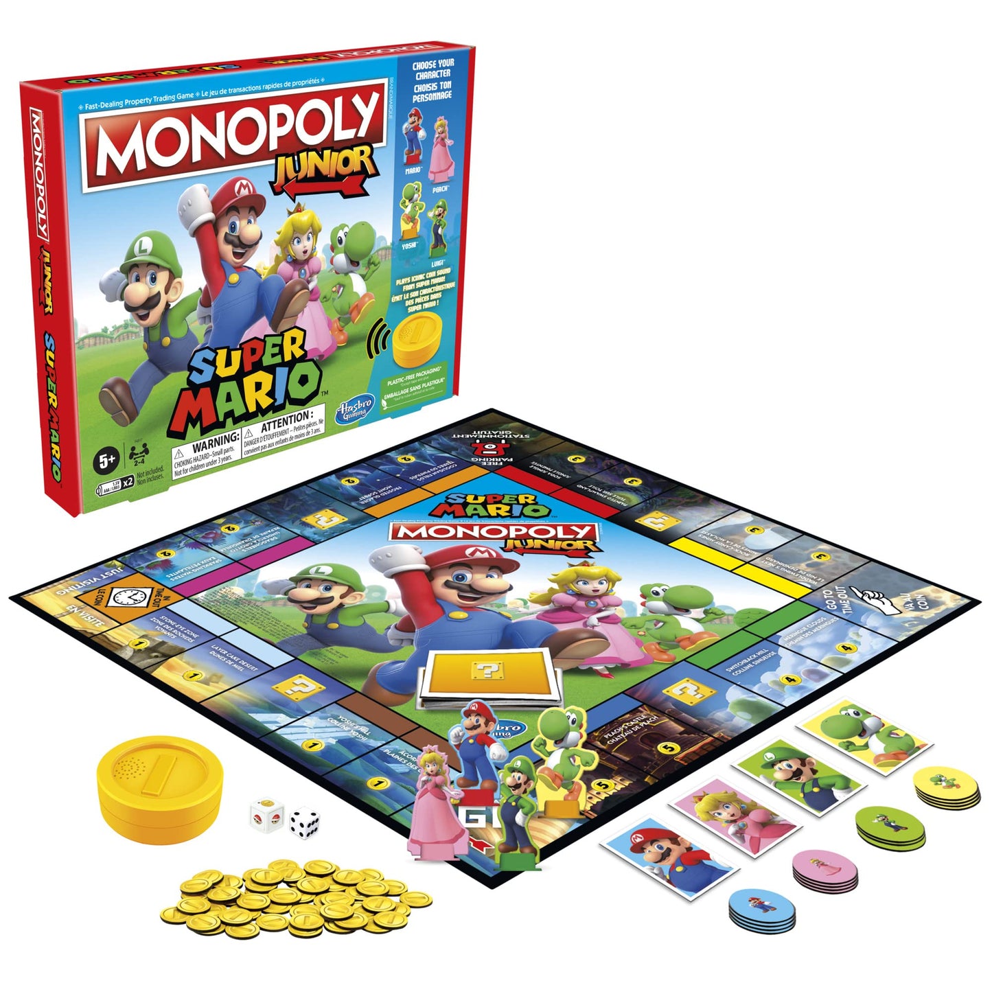 Monopoly Junior Super Mario Edition Board Game, Fun Kids' Game Ages 5 and Up, Explore The Mushroom Kingdom as Mario, Peach, Yoshi, or Luigi - English & French (Amazon Exclusive)