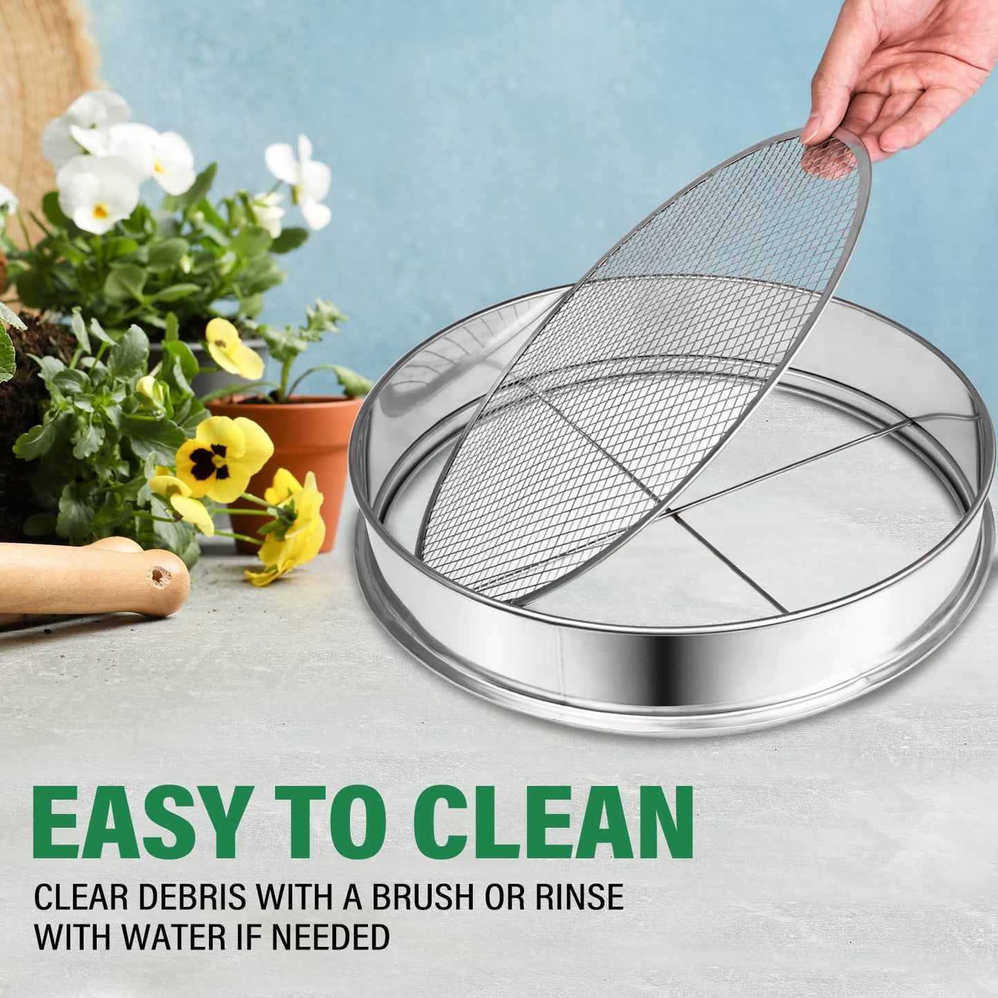YaeCCC Garden Potting Mesh Sieve, Stainless Steel Soil Sieve Set Mix Soil Filter with 4 Interchangeable Mesh Sizes (3, 6, 9, 12mm)