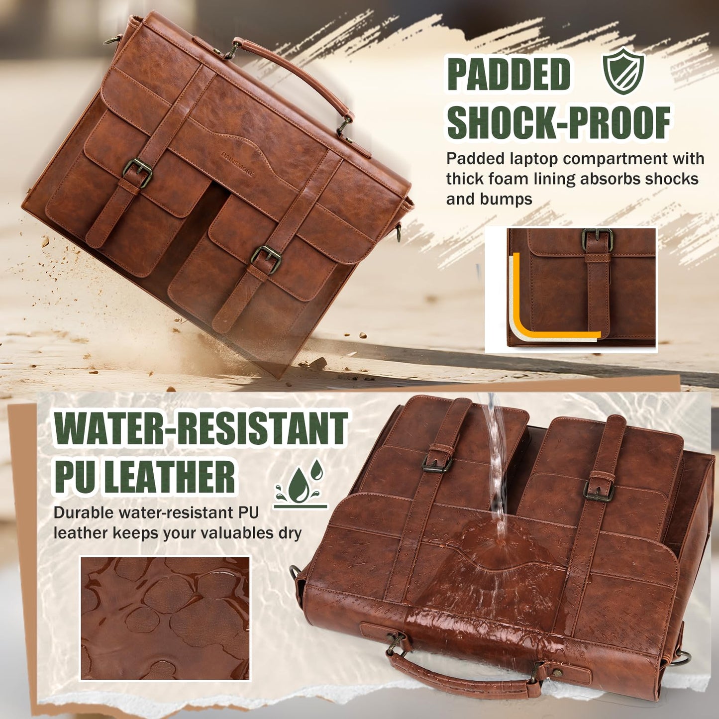 RAINSMORE Mens Messenger Bag 17 Inch Leather Laptop Briefcase Satchel Computer Shoulder Bag for Business Travel Work College, Brown