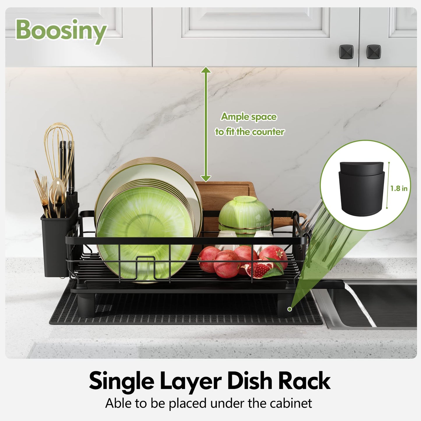 Boosiny Dish Drying Rack with Drainboard, Dish Racks for Kitchen Counter, Small Stainless Steel Kitchen Dish Drainer with Cutlery Holder, Cup Holder, Cutting-Board Holder and Extra Dry Mat