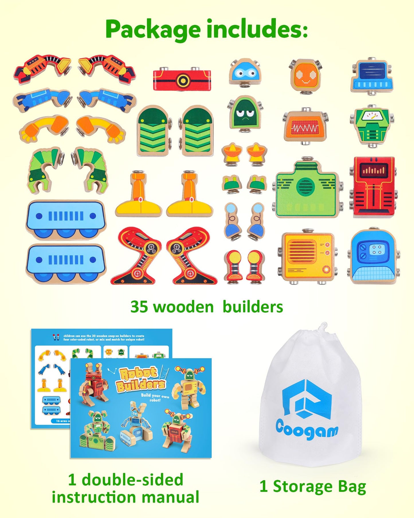 Coogam Wooden Robot Building Block Set, Snap Together Robot Builders, STEM Take Apart Robot Playset, Fine Motor Skill Educational Learning Toy Gift for 3 4 5 Years Old Kids