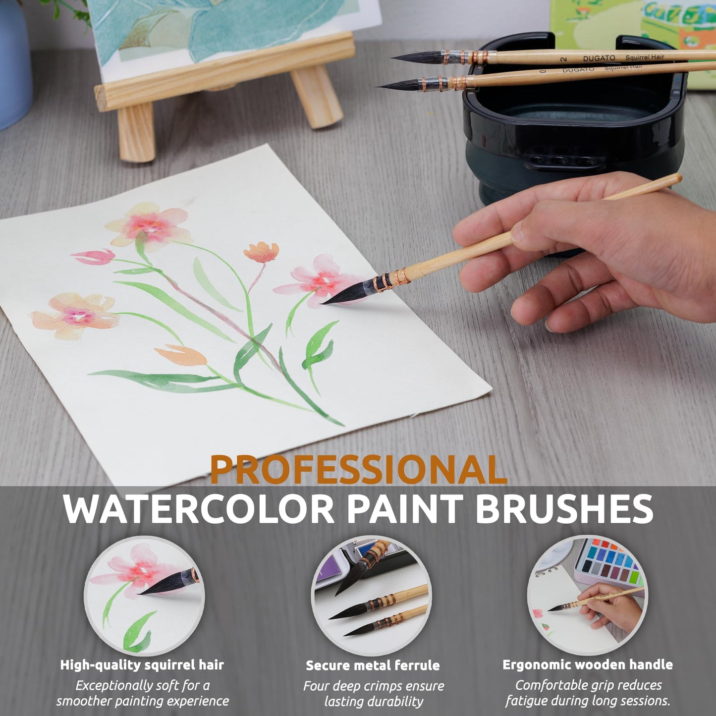 Professional Watercolor Paint Brushes, Round Squirrel Hair Paint Brush Set for Art Painting, Gouache, Fine Detailing, Acrylic, Gouache, Oil (4 Brushes)