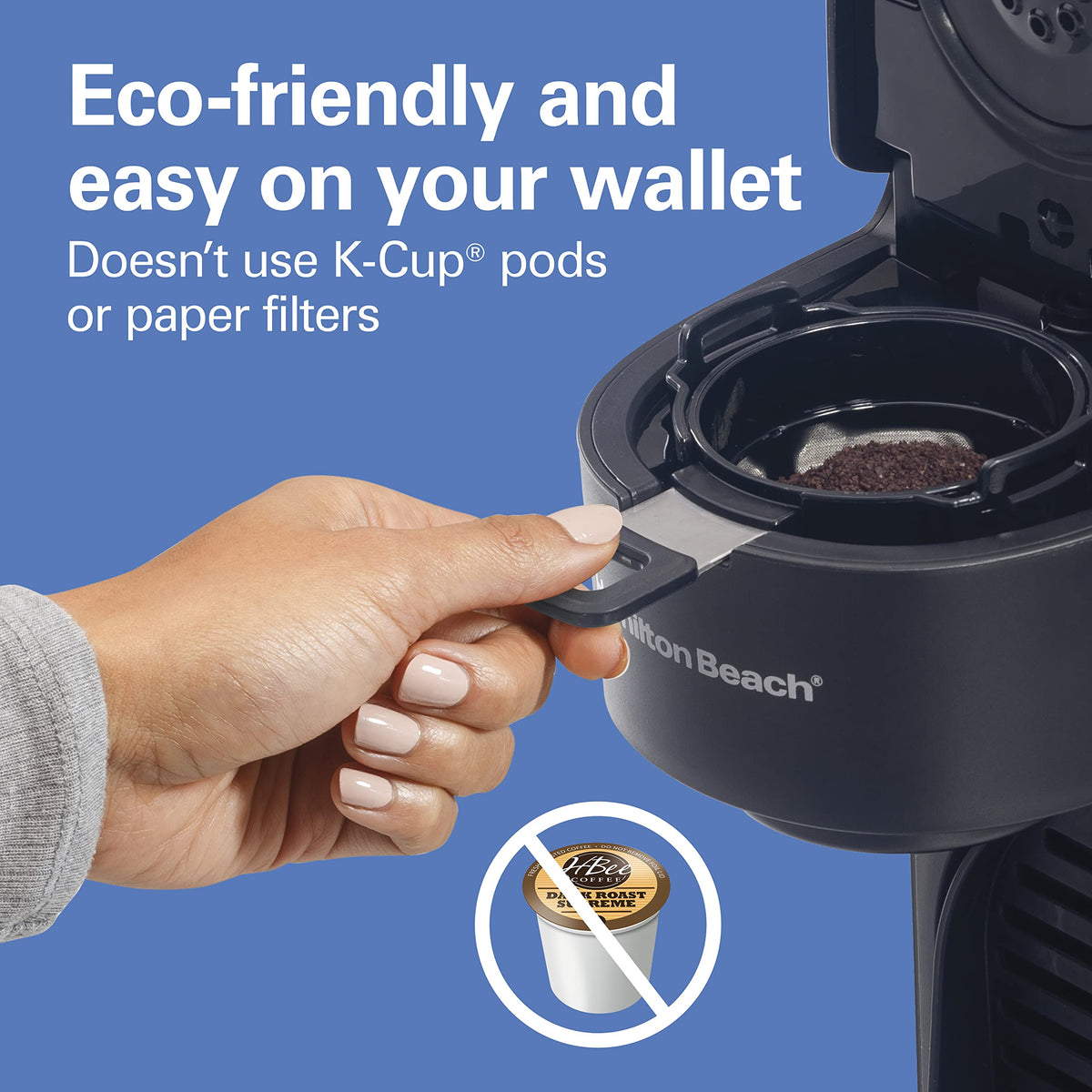 Hamilton Beach The Scoop Single Serve Coffee Maker, No Pods or Paper Filters Needed, Brews 8-14 oz Cups, Reusable Scoop Filter, Auto Shutoff, Black (47620)