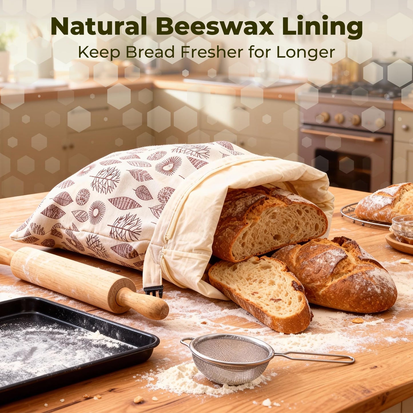 OHIYO Reusable Beeswax Bread Bags for Freezer & Refrigerator, Natural Beeswax-Lined Cotton Storage Bags Airtight Freshness Keeper for Homemade, Bakery Essentials (2 Pack)