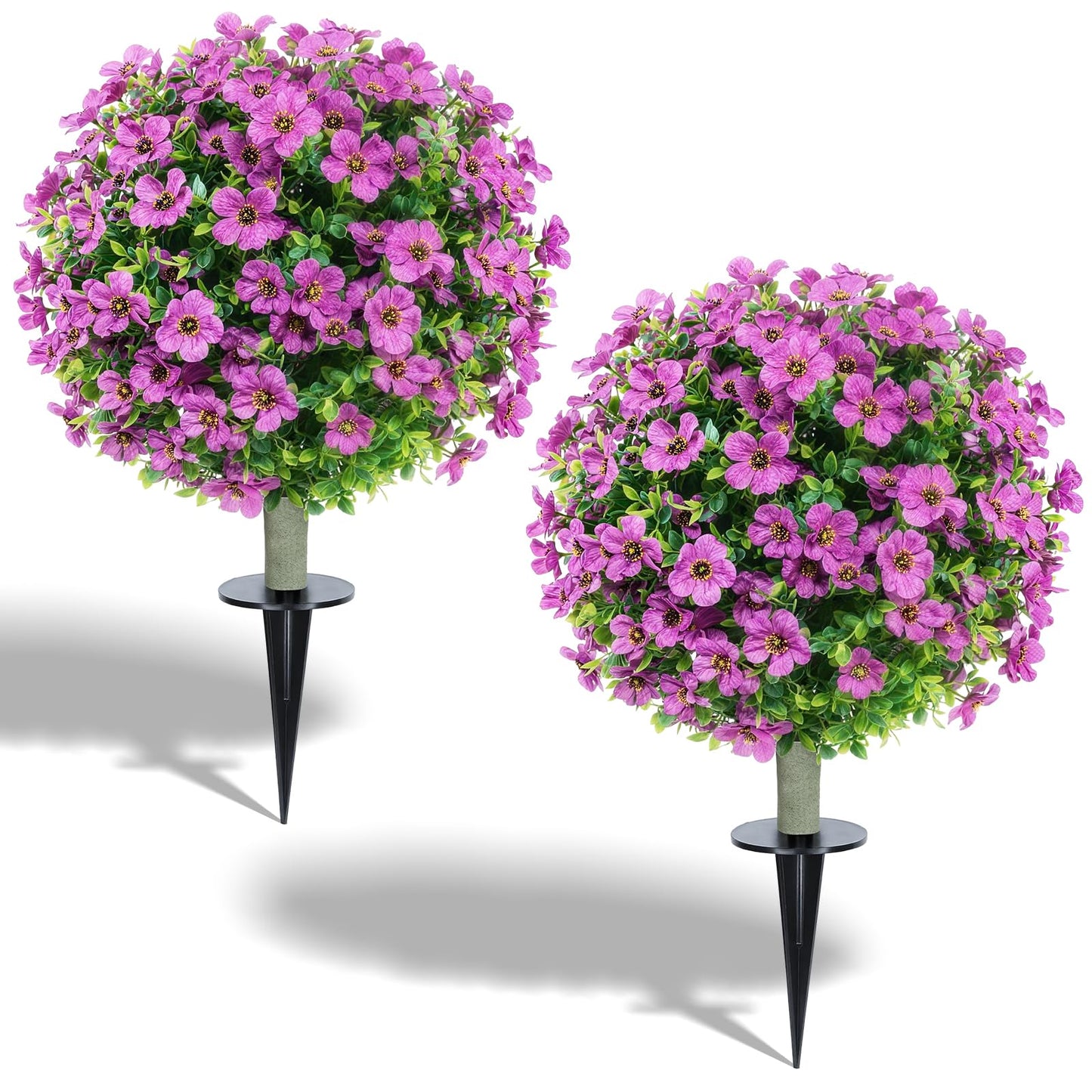 KANEODOT 24''Artificial Flowers for Outdoors,2 Pack Topiary Ball Trees Fake Outdoor Plants with Ground Spike,UV Resistant Faux Shrubs for Garden,Porch,Front,Patio,Violet
