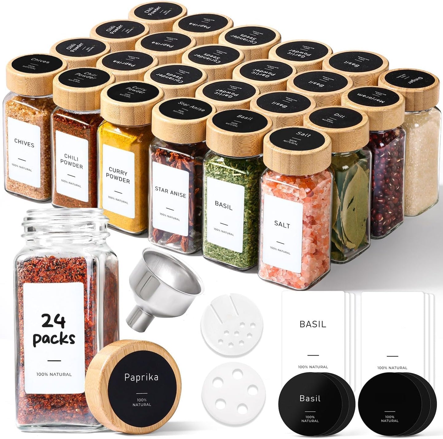 ComSaf 4oz 24Pcs Glass Spice Jars with Bamboo Lids, Empty Spice Containers with 93 Labels, Square Seasoning Containers Trial and Supplement Set, Small Seasoning Bottles for Salt, Herbs, Sugar, Pepper