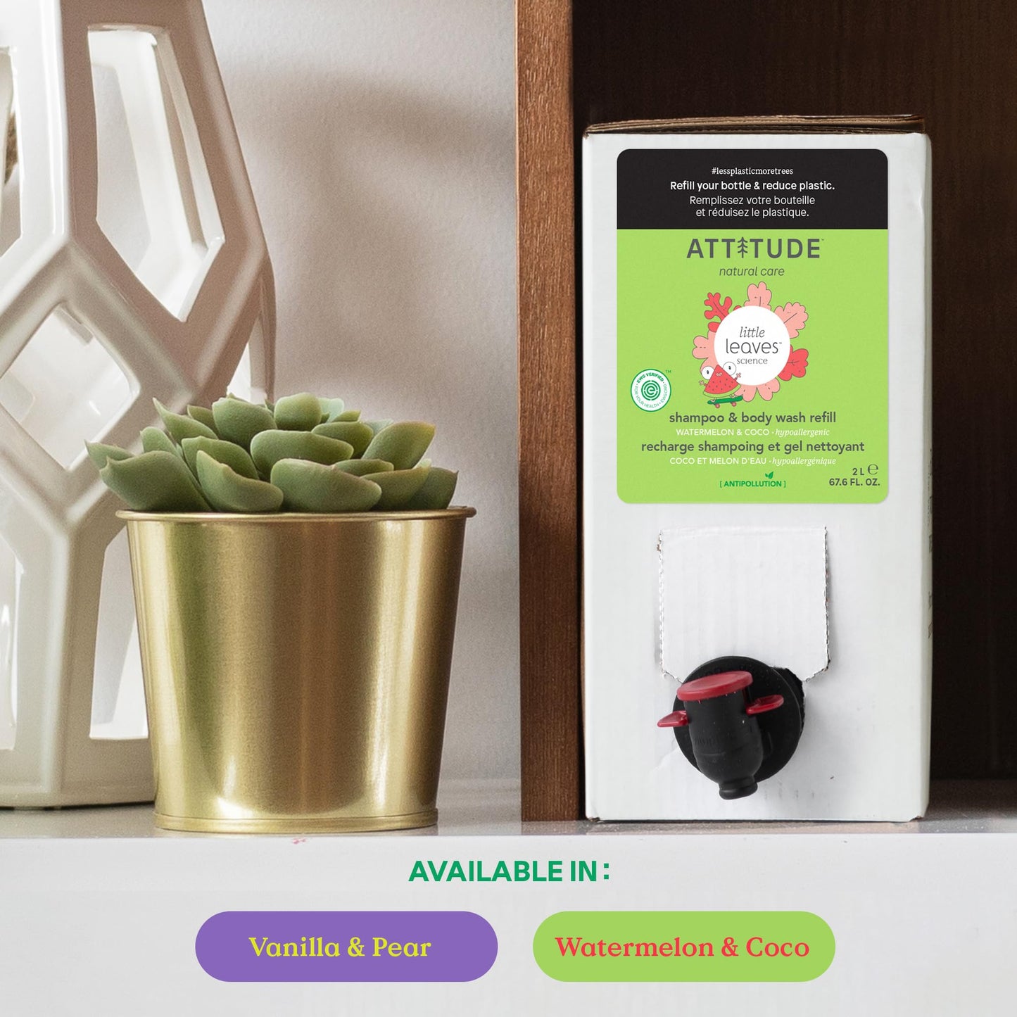 ATTITUDE Shampoo and Body Wash for Kids, Made in Canada, EWG Verified, Dermatologically Tested, Plant- and Mineral-Based Ingredients, Vegan and Cruelty-Free, Bulk Refill Format, Watermelon and Coco, 2 Liters