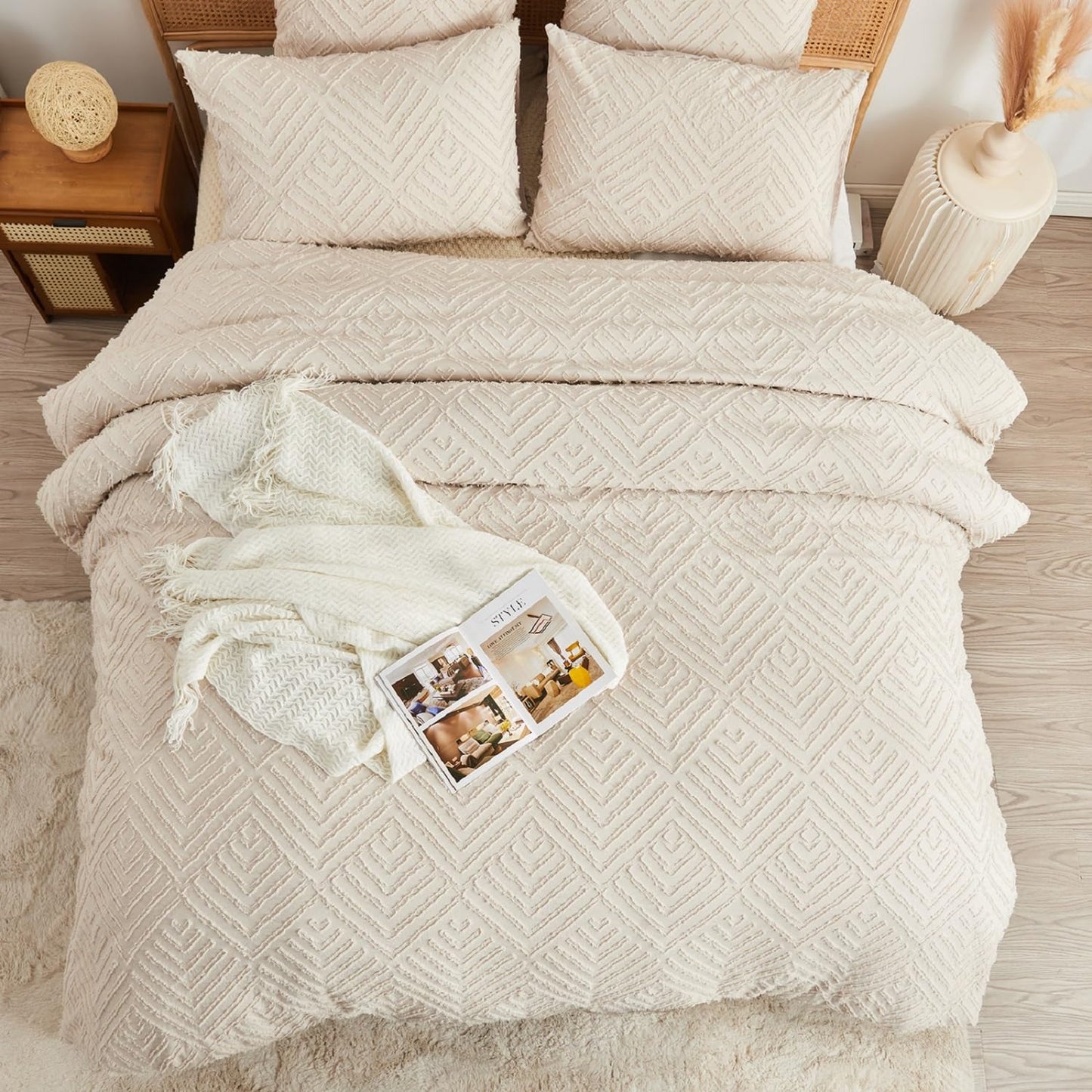 YASMENG Beige Duvet Cover Set King Size - Boho Tufted Jacquard with Geometric Plaid Pattern Duvet Cover Shabby Chic Embroidery Bedding Khaki Soft Microfiber Farmhouse Tufts Textured Comforter Cover