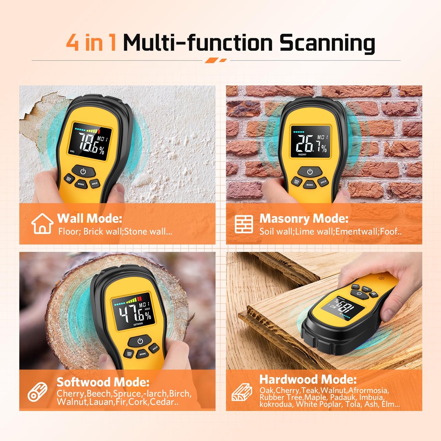 Pinless Moisture Meter - Povlen Wood Moisture Meter Digital Humidity Detector for Lumber Drywall Firewood Masonry Woodworking Plaster Flooring Concrete Construction with LCD Display Sound Alarm