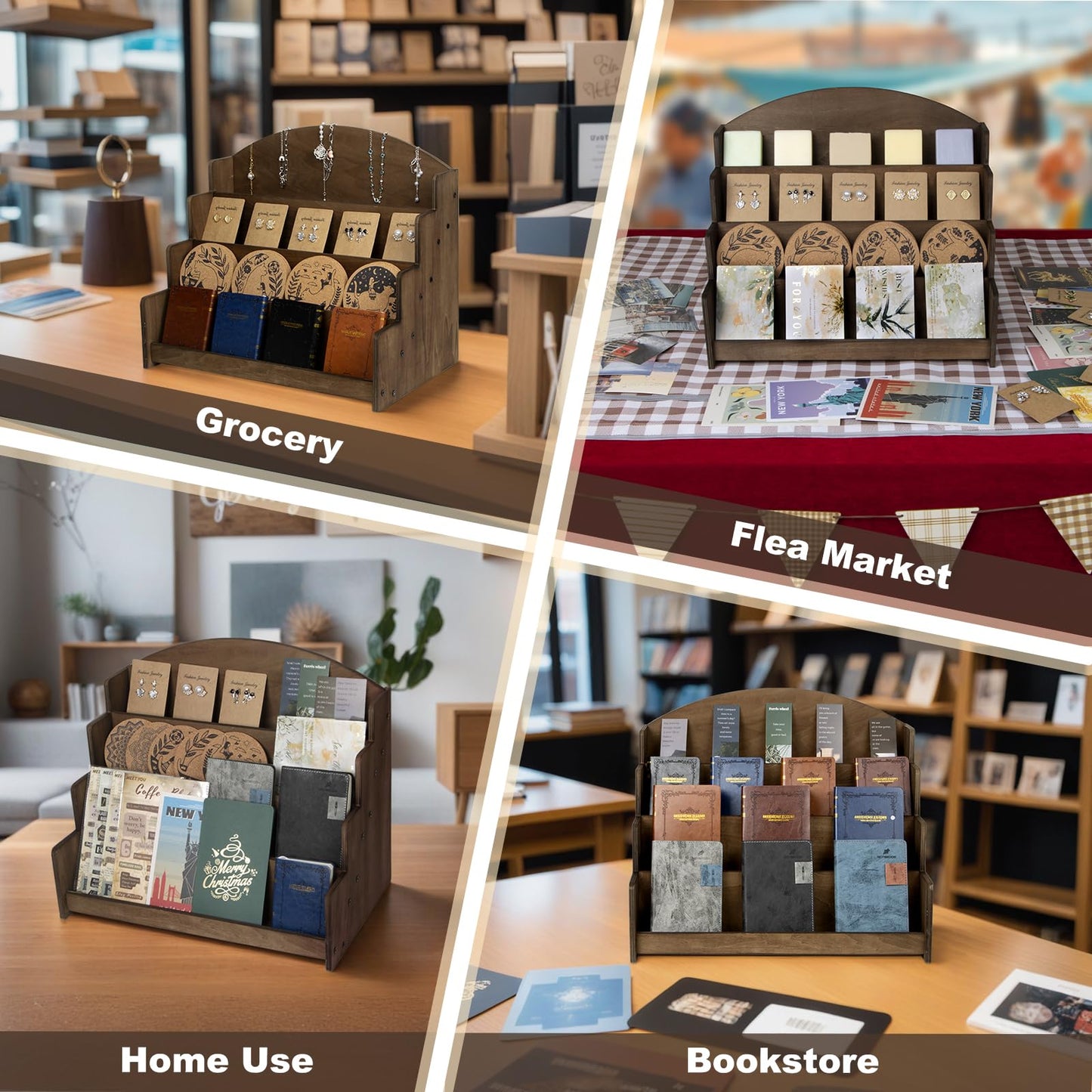 PUERSI Greeting Card Display Stand Holder - 4-Tier Wooden Organizer Rack for Retail Stores, Postcards, Stickers & Stationery Vendors, Brown