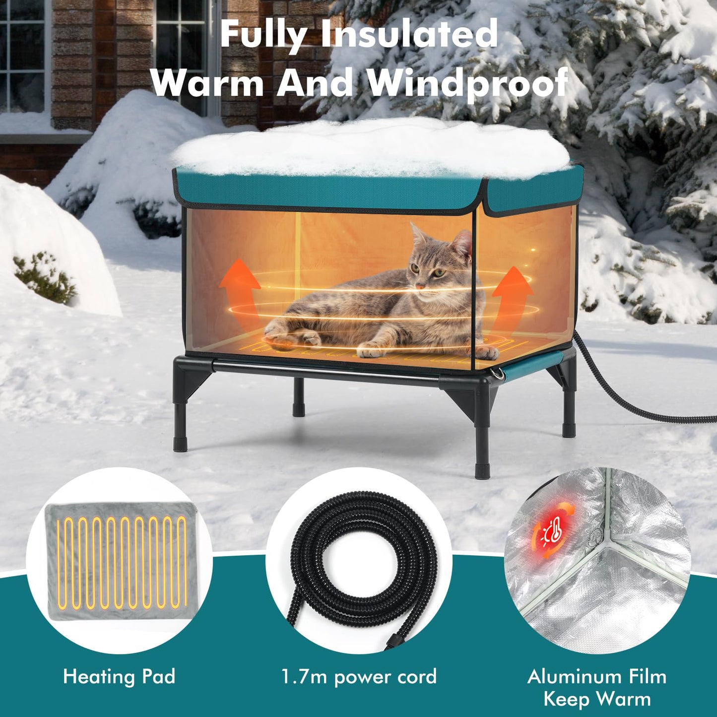 Yeatruojeet Heated Cat House for Outside Cat in Winter, Insulated Outdoor Feral Cat Shelter with Cat Heating Pad, 2 Doors,Elevated Waterproof Heated Kitty House (Blue, 21"x17.5"x18")
