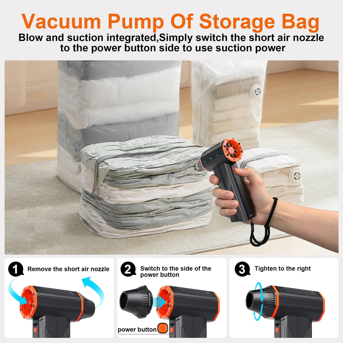 JUFINX F32MAX Compressed Air Duster-150000RPM Super Power Electric Air Duster and Vacuum Cleaner & Bag Vacuum Sealer 3-in-1，for PC Keyboard Cleaning, Car Interior Cleaning.
