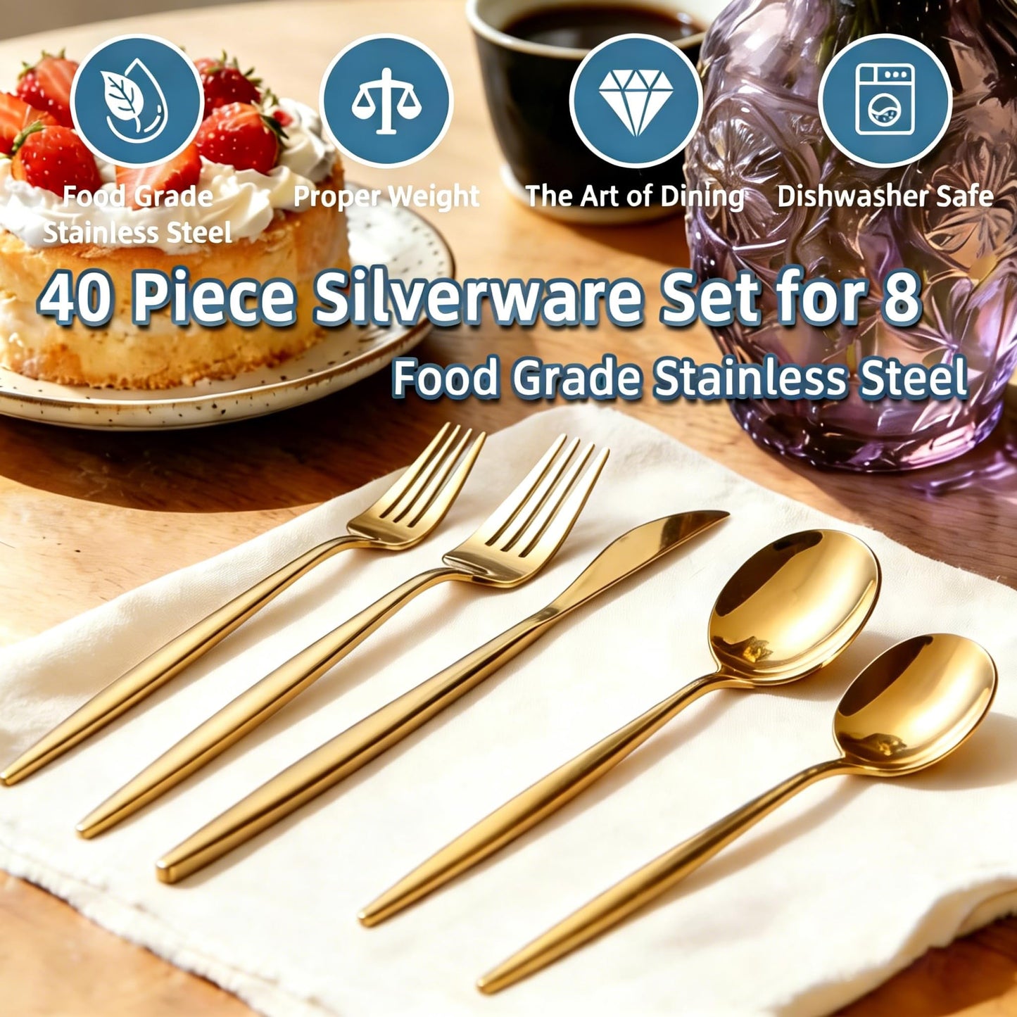 40 Piece Gold Silverware Set for 8, Stainless Steel Cutlery Set, Mirror Polished Flatware, Dishwasher Safe Tableware for Home, Wedding & Party