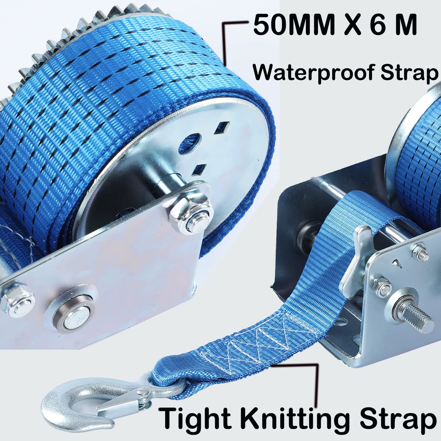 Hand Winch Heavy Duty 600lbs with Strap and Ratchet Handle Hook 2 Gear Manual Crank Towing Winch for ATV Boat Trailer Truck Auto Silver